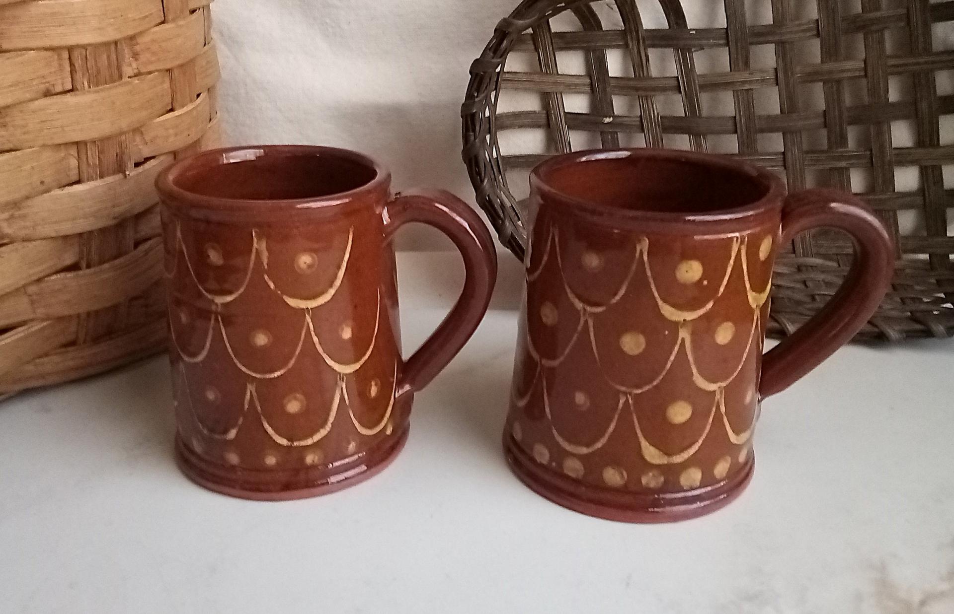 Redware Mugs (2), One-of-a-Kind Slipware Pattern. Antiqued