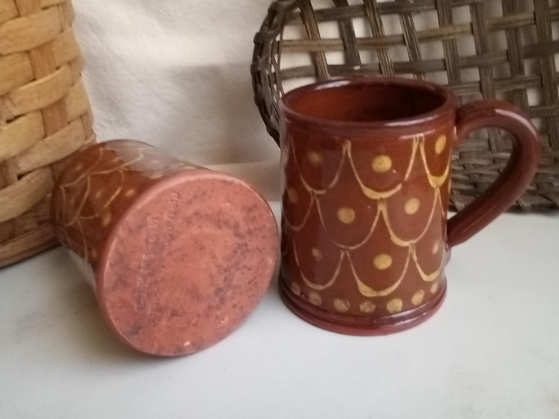 Redware Mugs (2), One-of-a-Kind Slipware Pattern. Antiqued