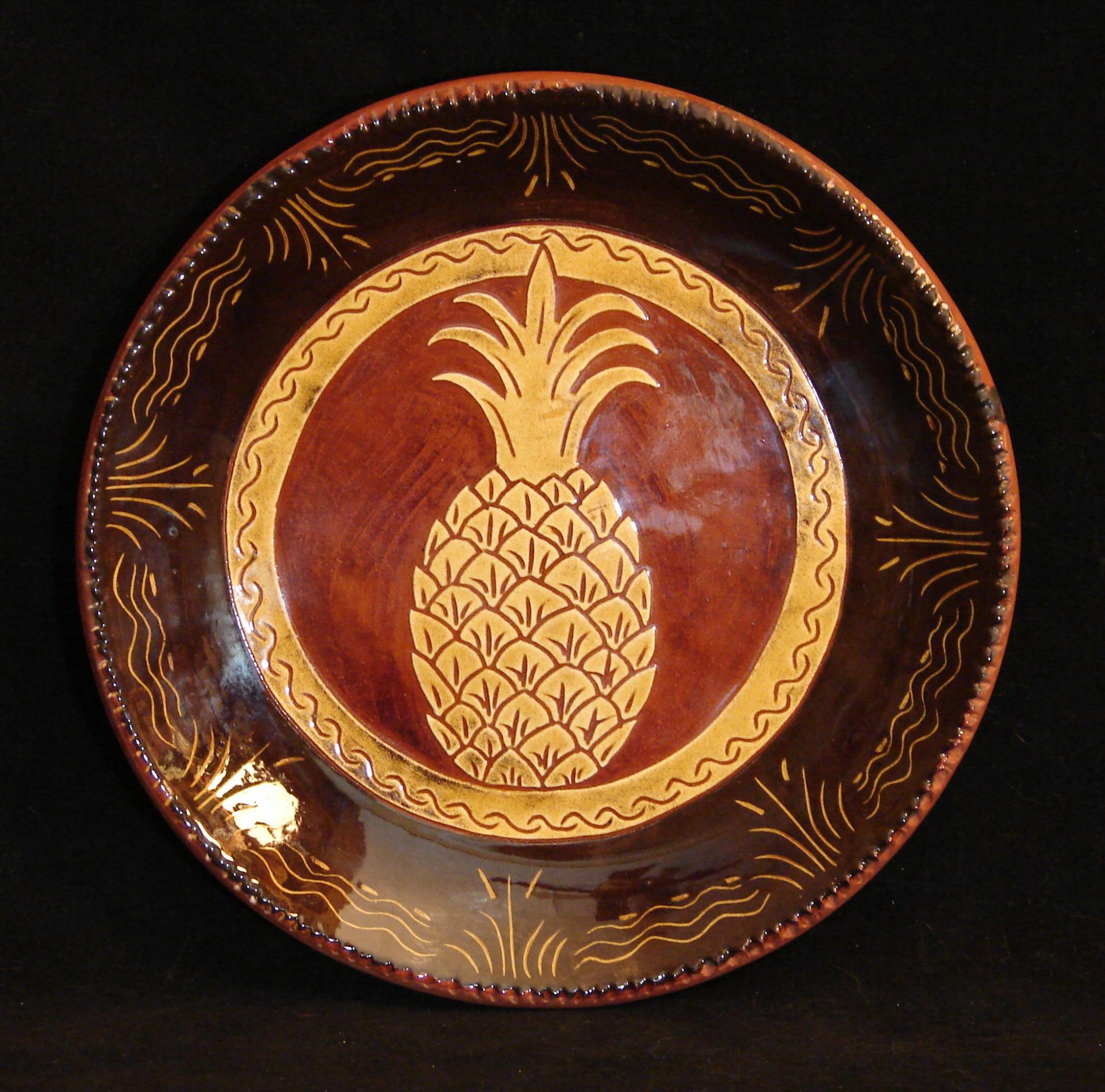 Custom Order Kulina Folk Art Redware 11 in. Plate with a Pineapple Sgraffito Motif