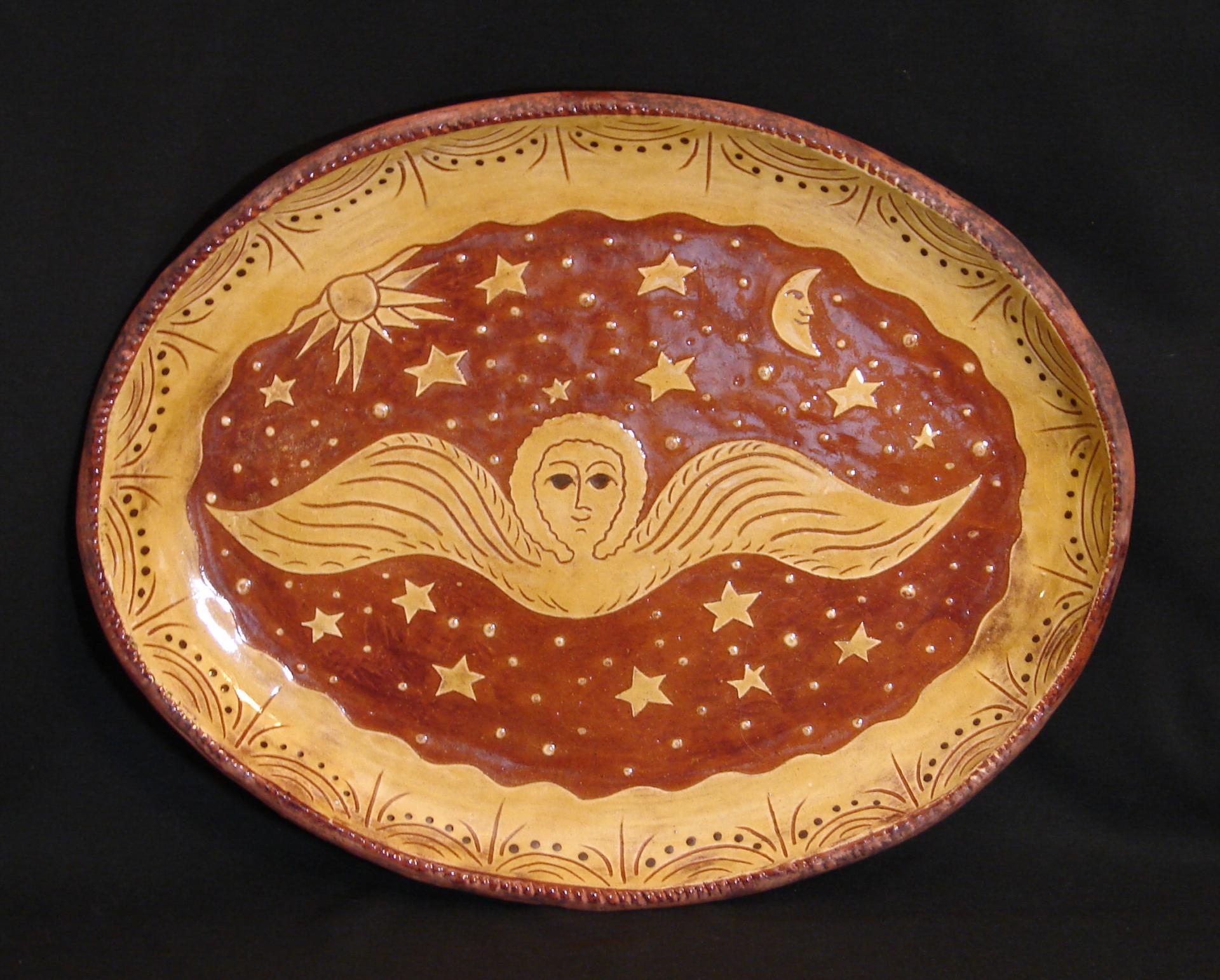 Custom Order Kulina Folk Art Redware Oval Platter | Angel with Moon & Sun Sgraffito Motif