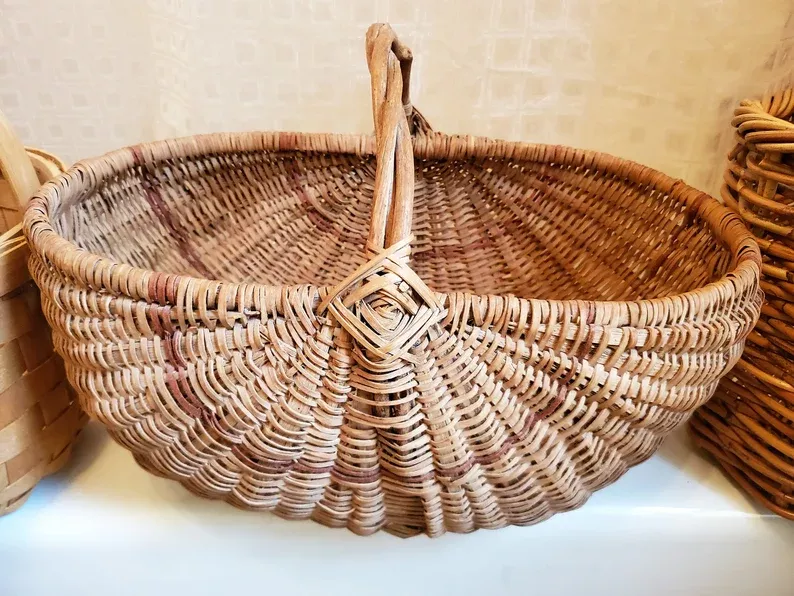 Large Antique Primitive Ash Splint Melon Basket, Egg Basket