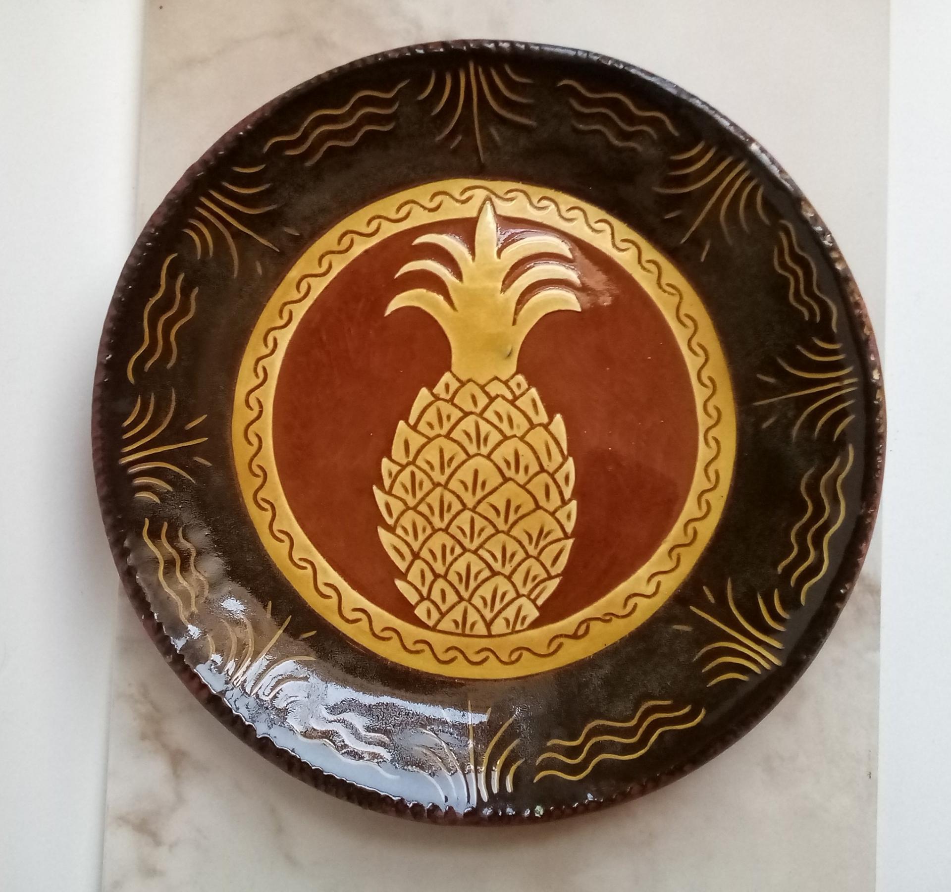 Custom Order Kulina Folk Art Redware 11 in. Plate with a Pineapple Sgraffito Motif