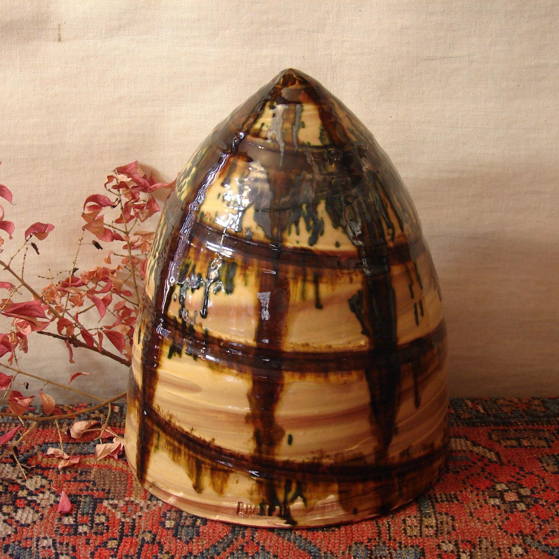 Large Redware Bee Skep with Brown and Gray Accents