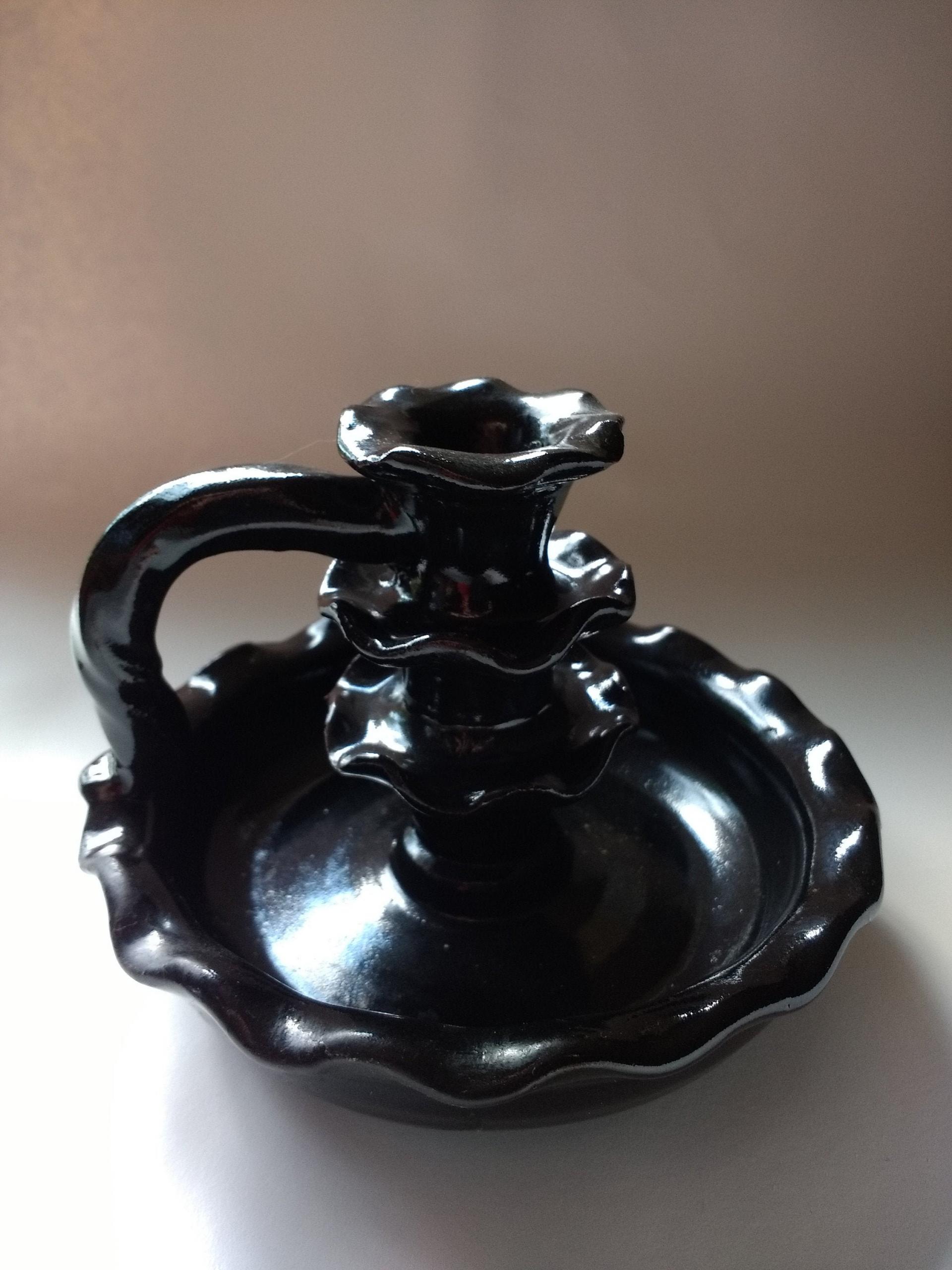 Redware Candlestick with Handle and Tray with Black Glaze