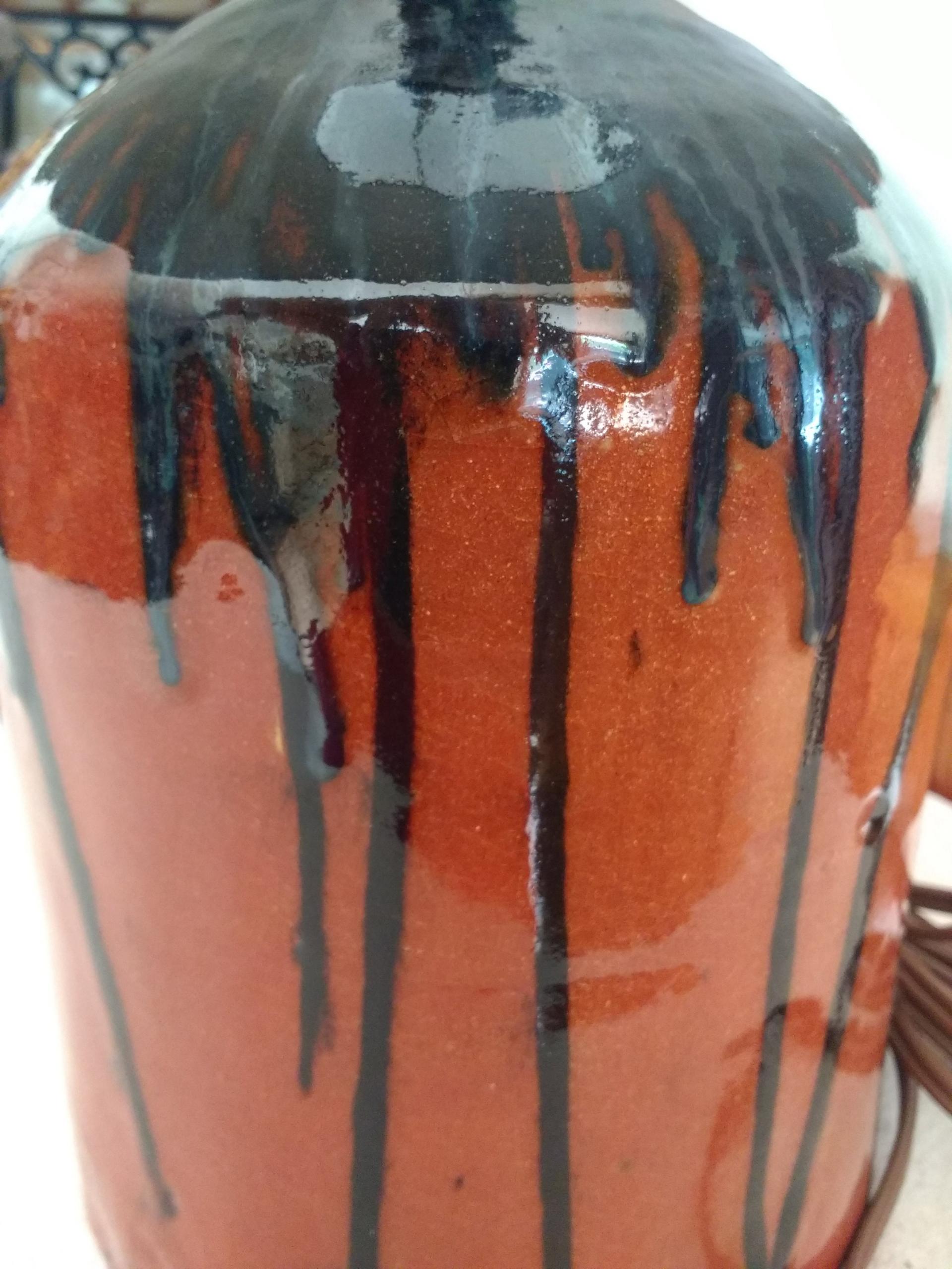 Redware Lamp with Black Overglaze and Lead-Free Glaze