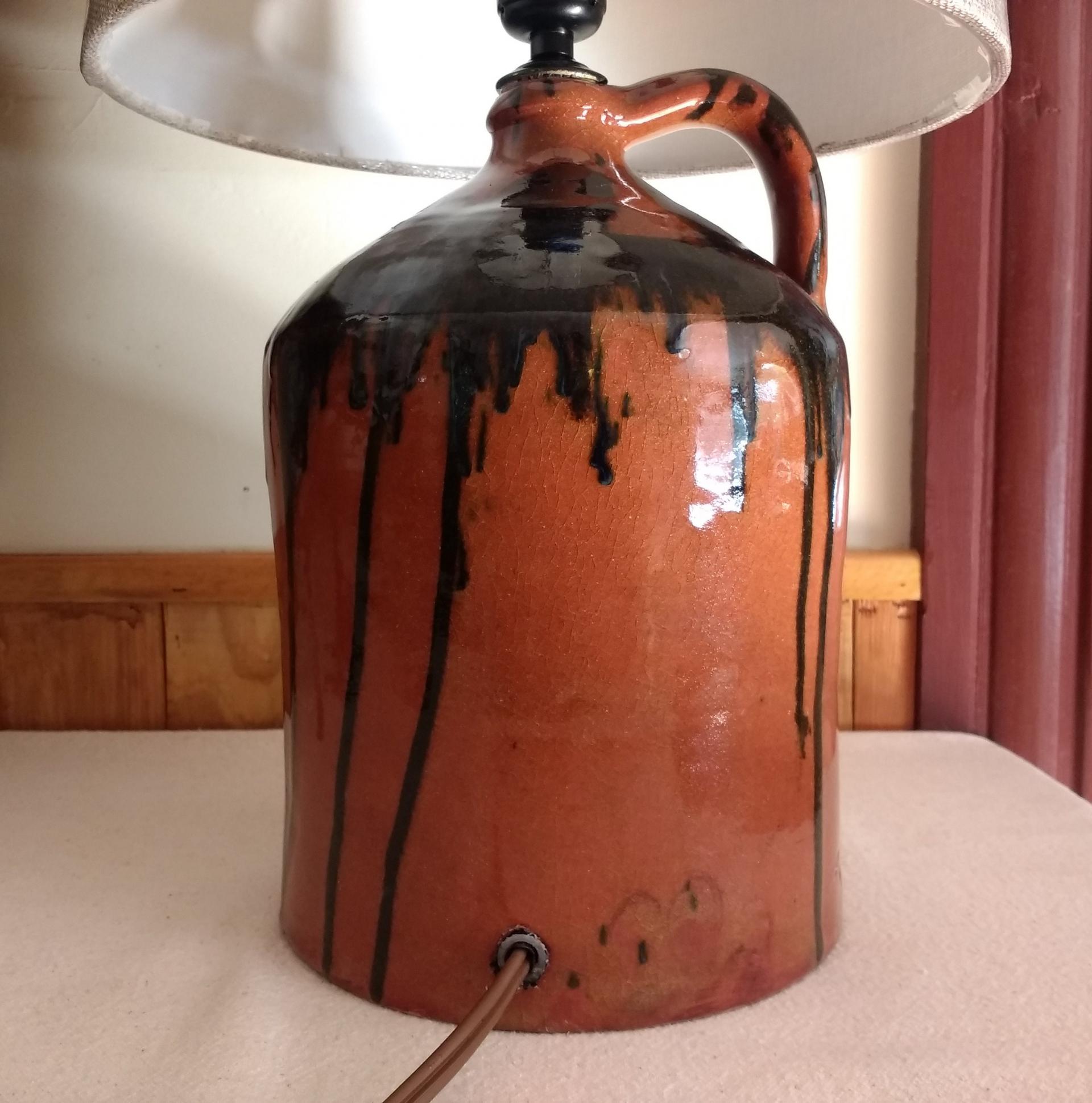 Redware Lamp, Black Overglaze and Lead-Free Glaze