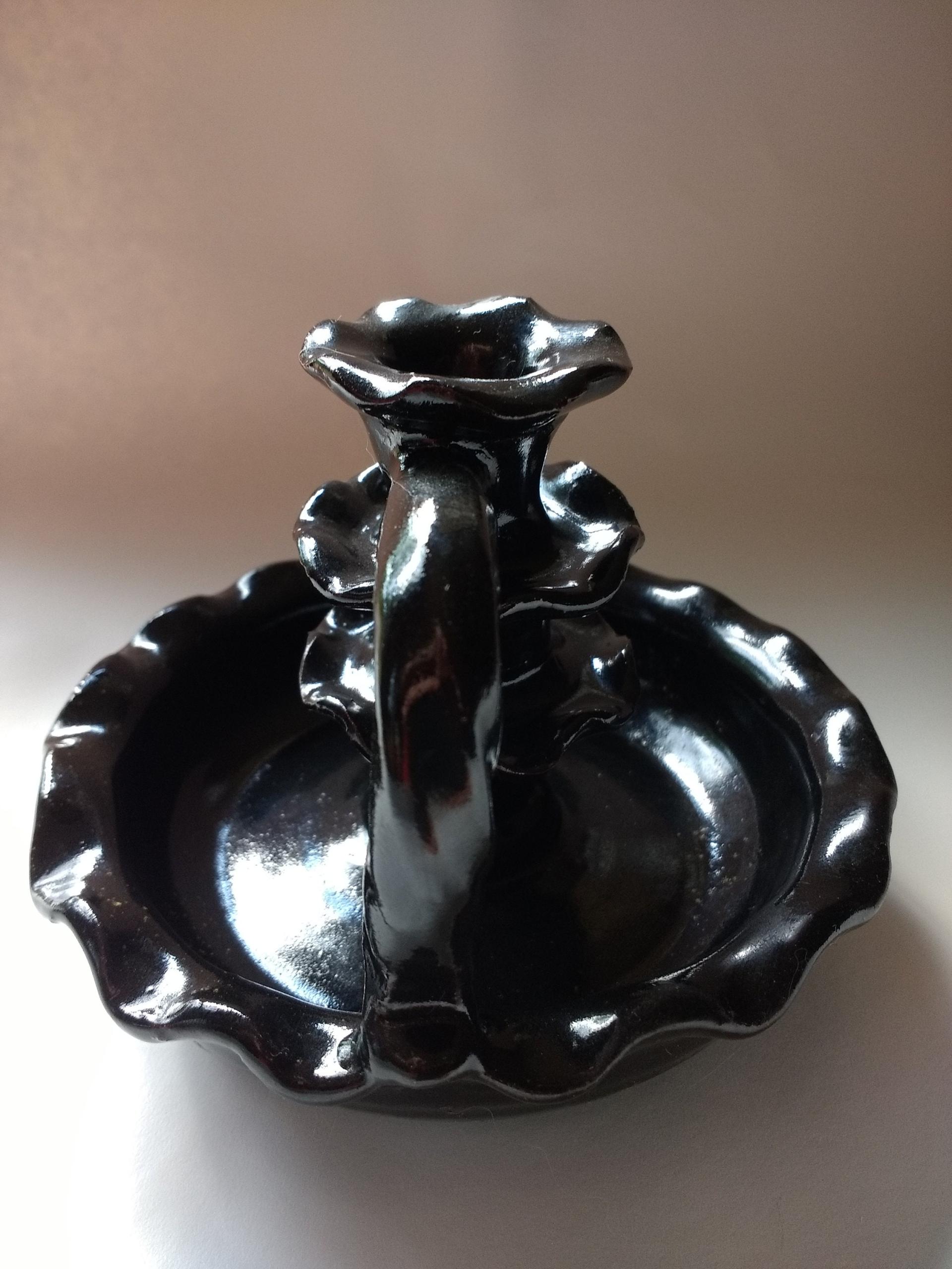 Elegant Short Black Glazed Redware Candlestick Handcrafted by Potter Rick