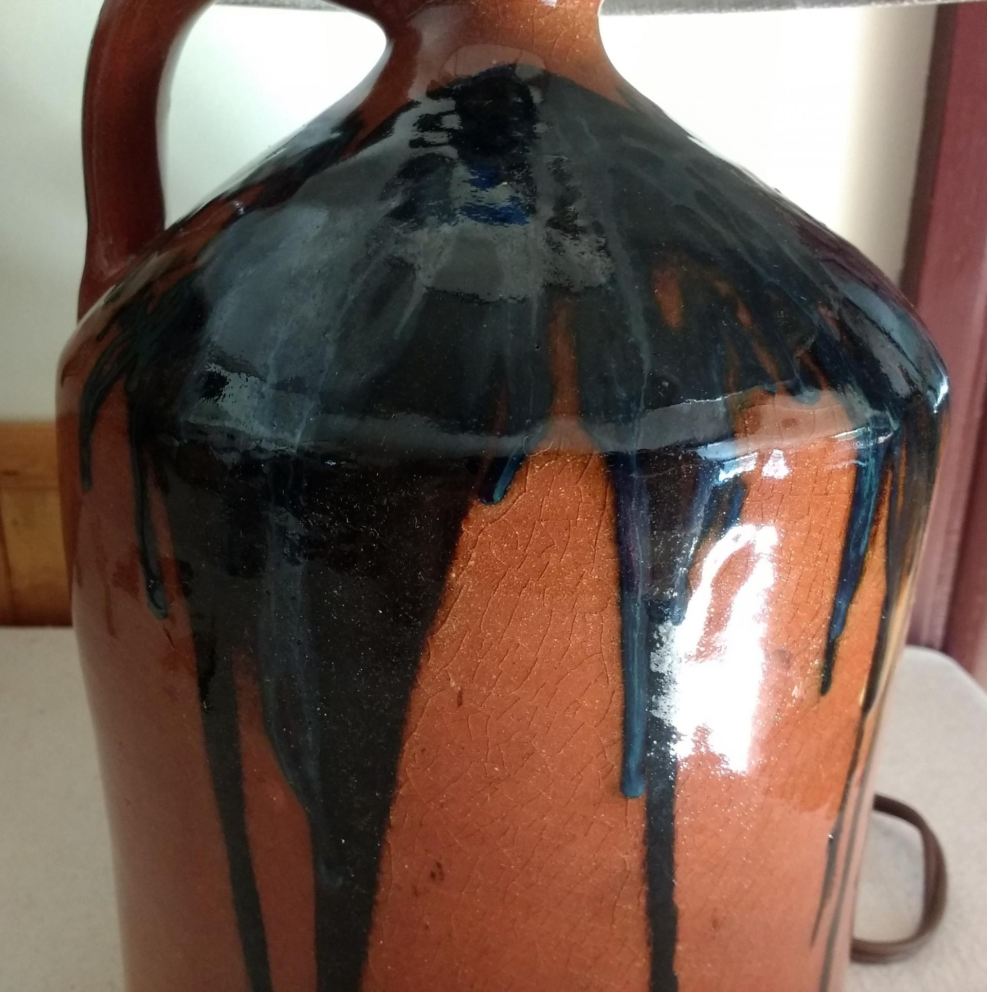 Redware Lamp with Black Overglaze and Lead-Free Glaze