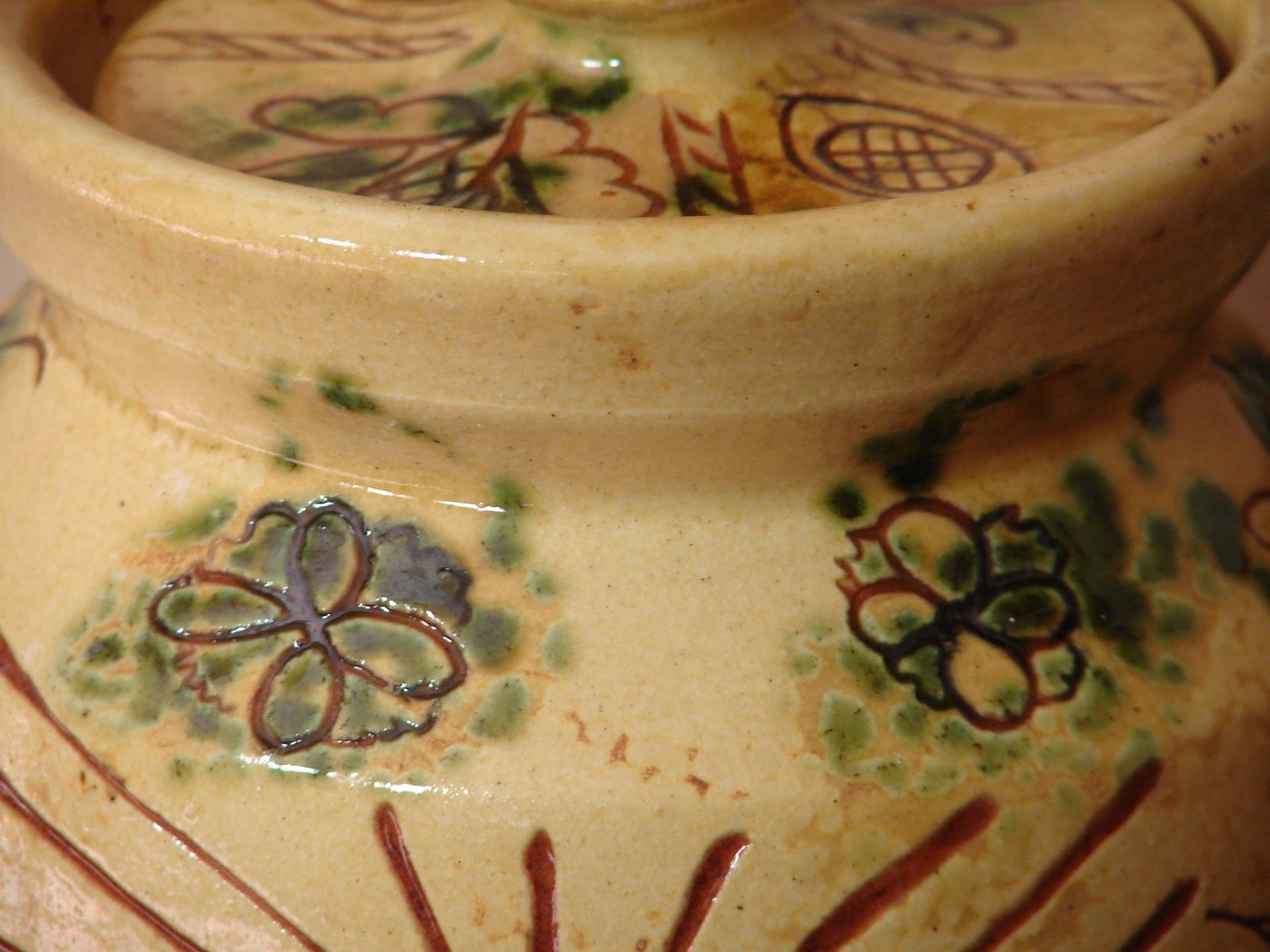 Redware 9.50 in Sgraffito Jar with Owl, Sun and Tulip Decoration