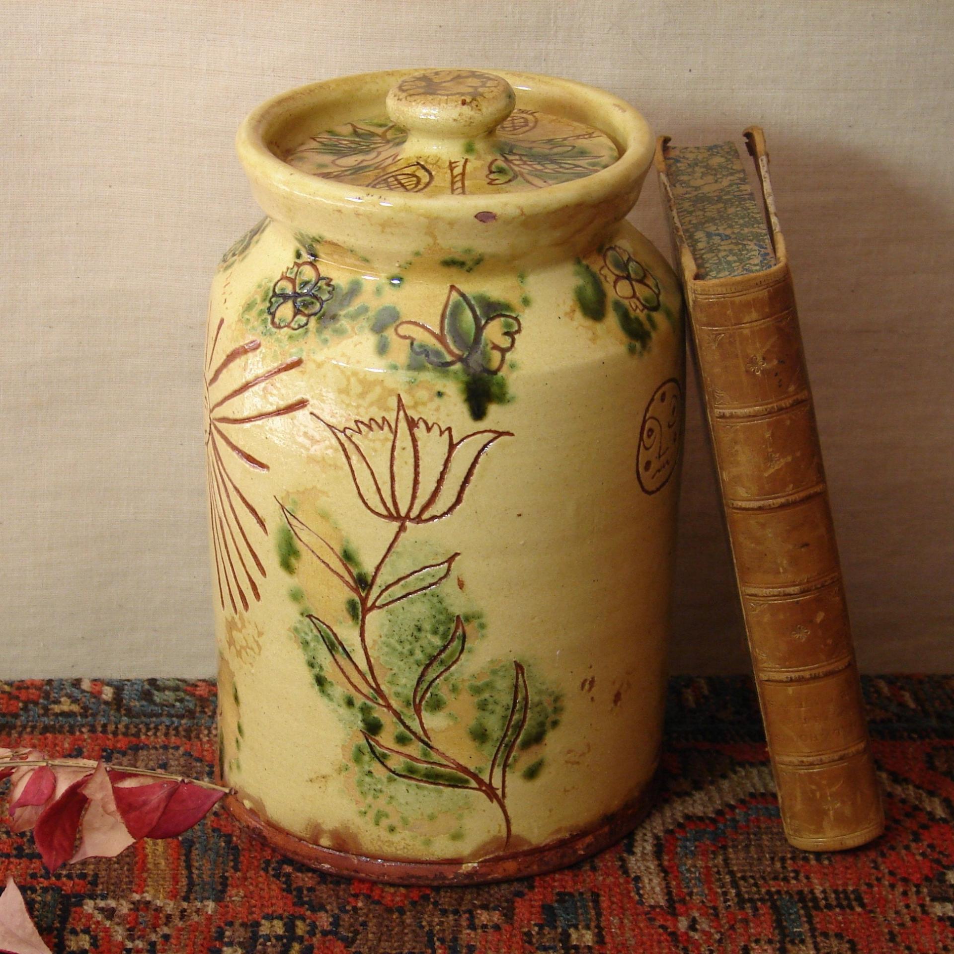 Redware 9.50 in Sgraffito Jar with Owl, Sun and Tulip Decoration