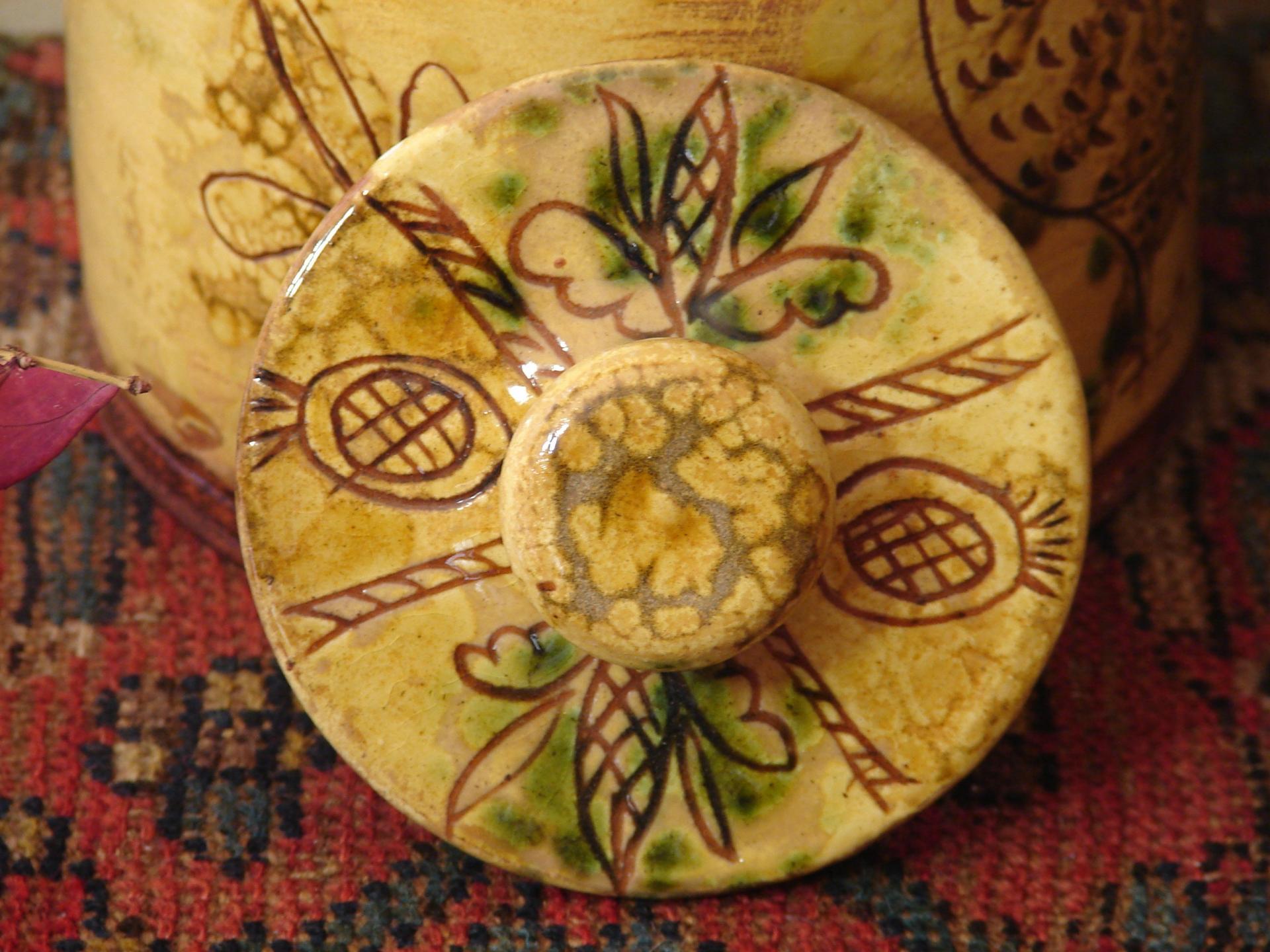 Redware Sgraffito Jar with Owl, Sun and Tulip Decoration cover