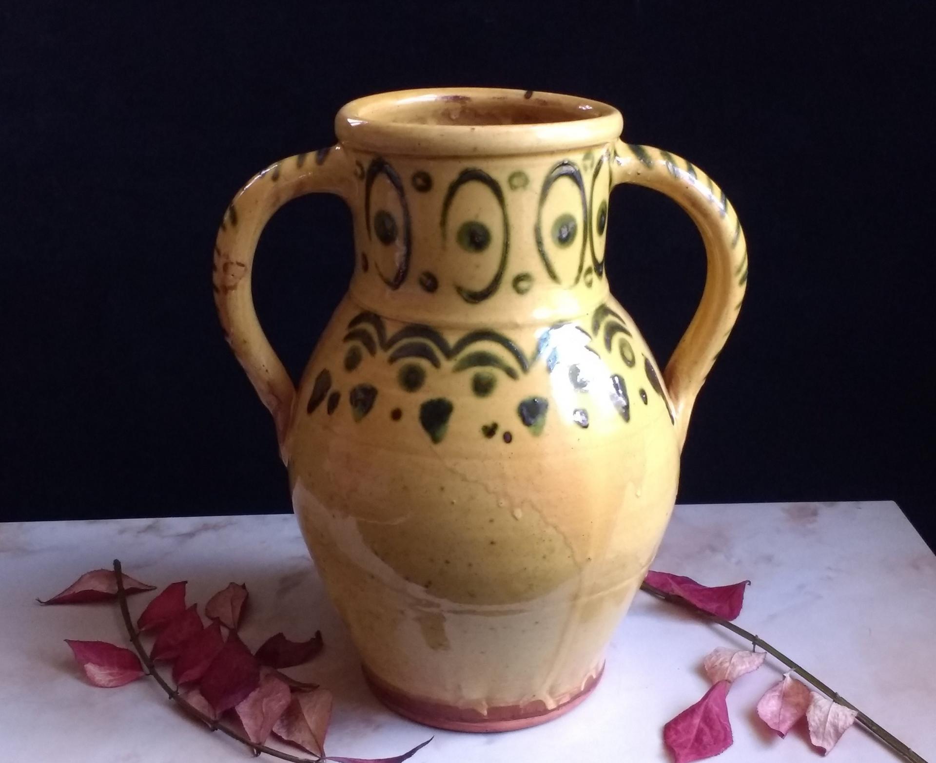 Redware Vase Decorated with a Green Stamped Pattern