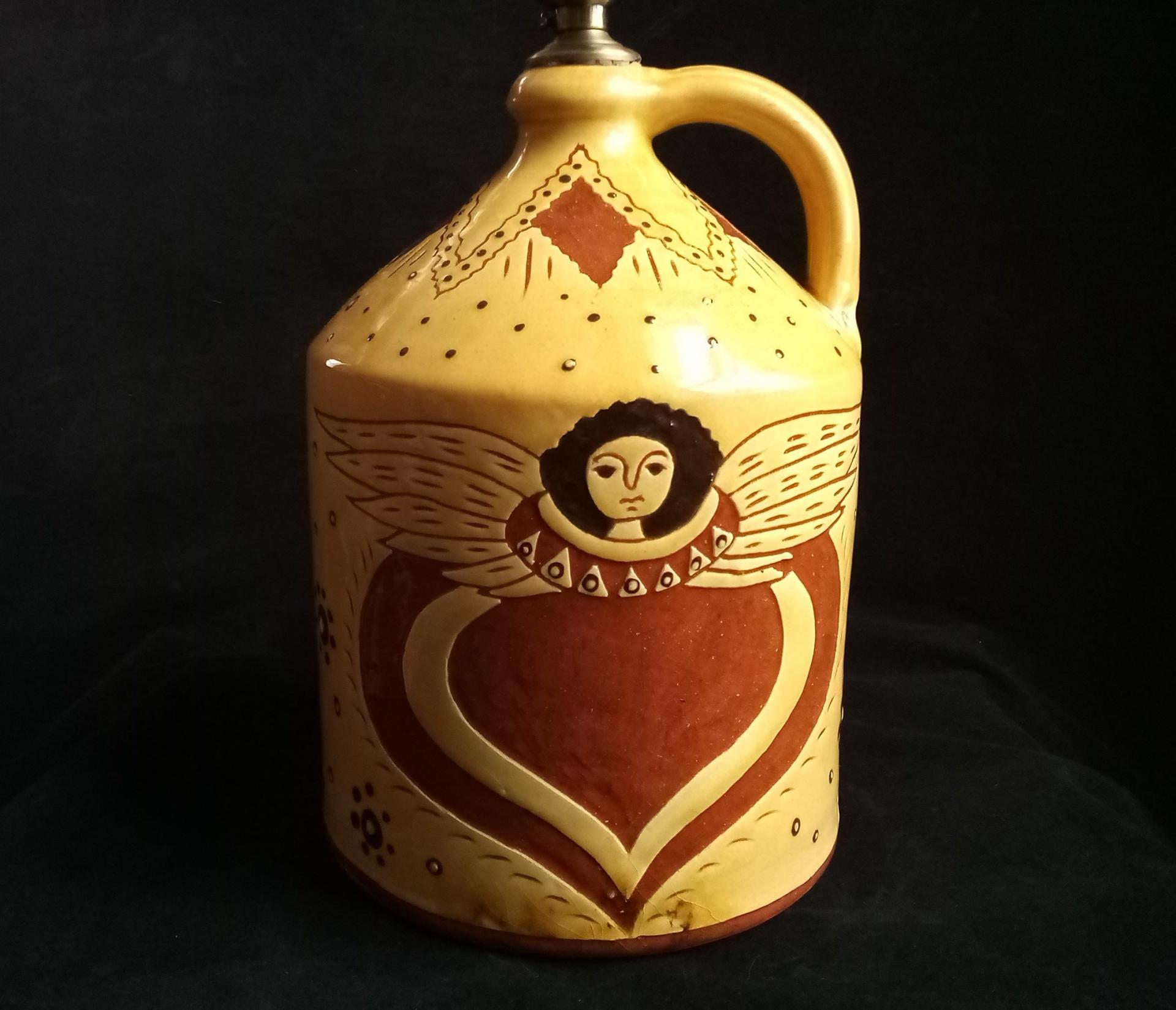 Redware Table Lamp with Sgraffito Angel with Wings Motif by Kulina Folk Art