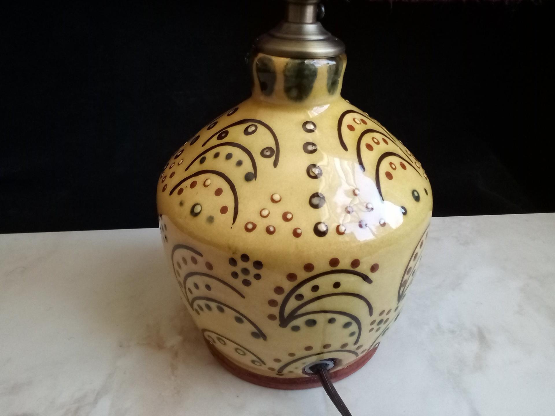 Redware Table Lamp with Slip Stamped Motif