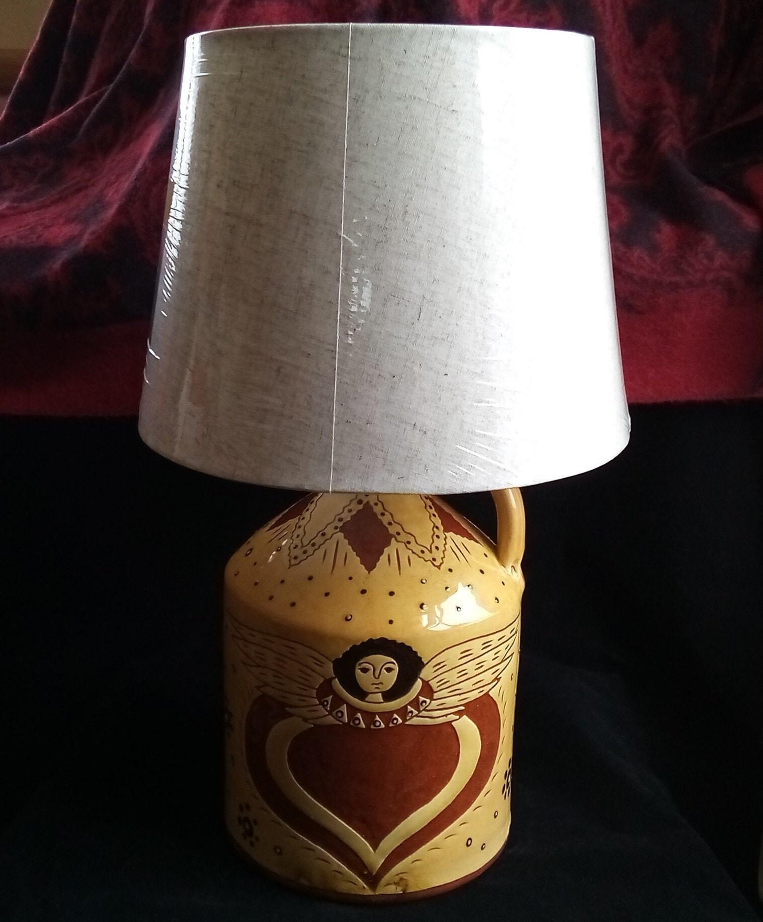 Redware Table Lamp with Sgraffito Angel with Wings Motif