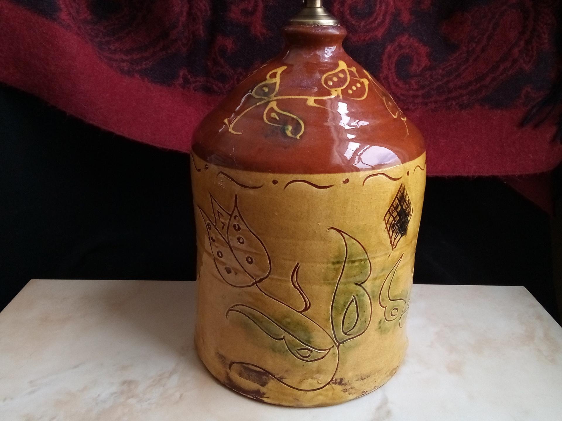Redware Lamp with Tulip Decorations