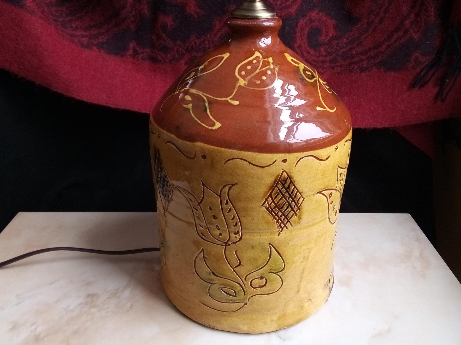Redware Lamp with Tulip Decorations
