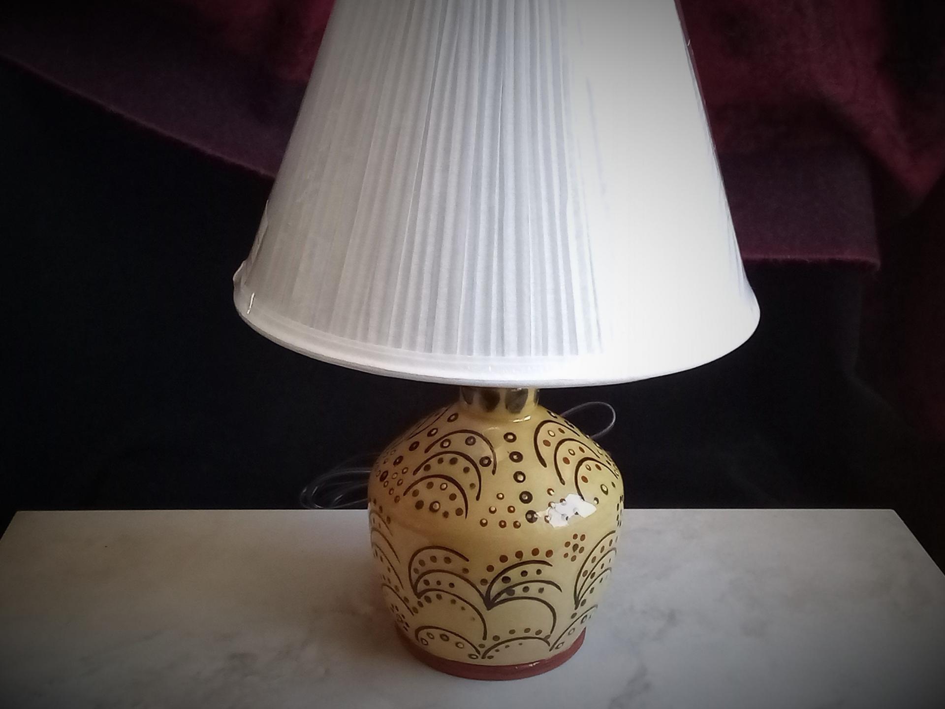 Redware Table Lamp with Slip Stamped Motif