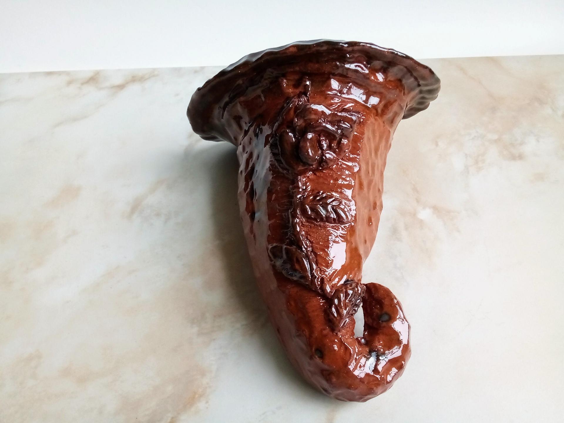 Redware Wall Pocket Sprigged with Roses and Leaves