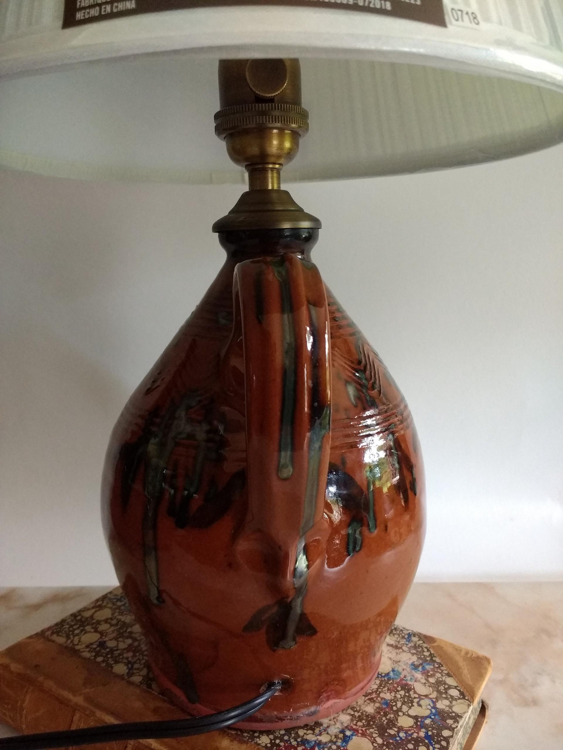 Redware Table Lamp with Black Drip Accents