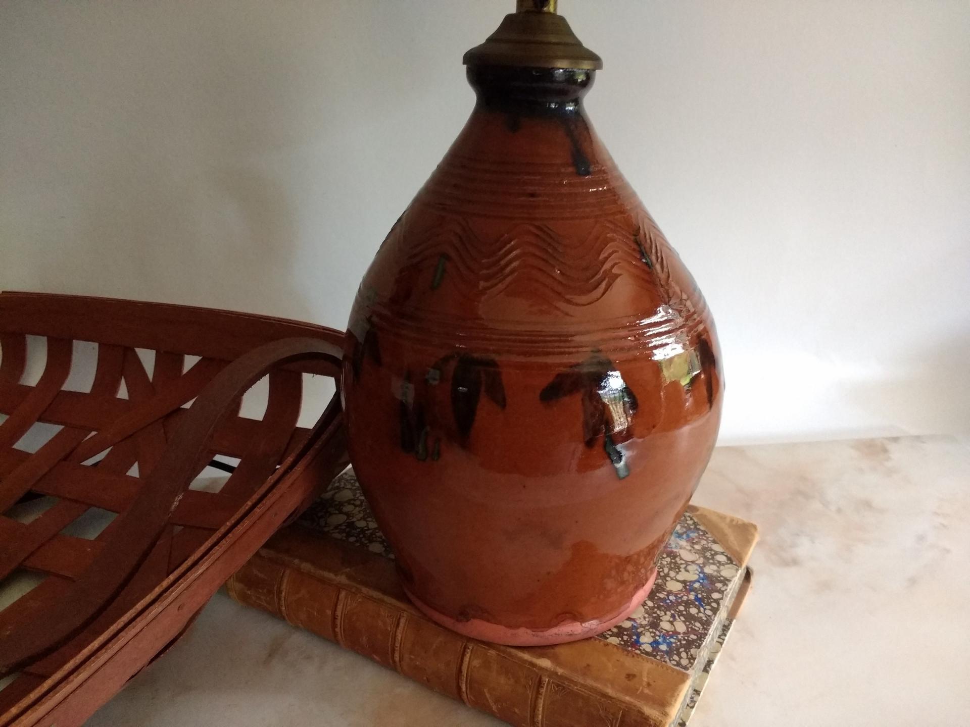 Redware Table Lamp with Black Drip Accents