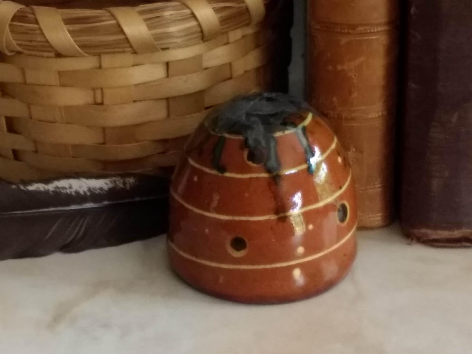 Redware Mini Bee Skep with Gray Accents (a)