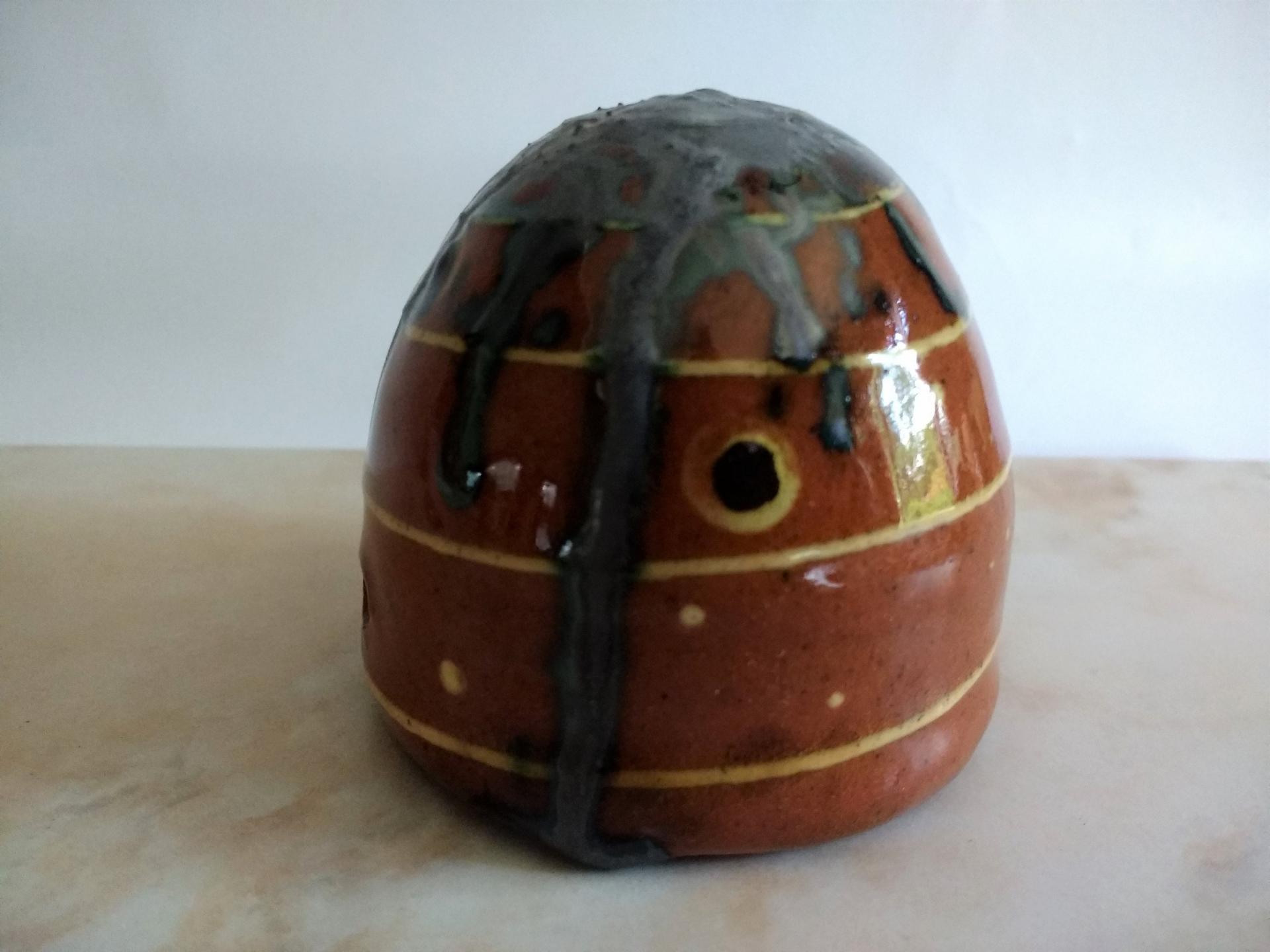 Redware Mini Bee Skep with Gray Accents (a)