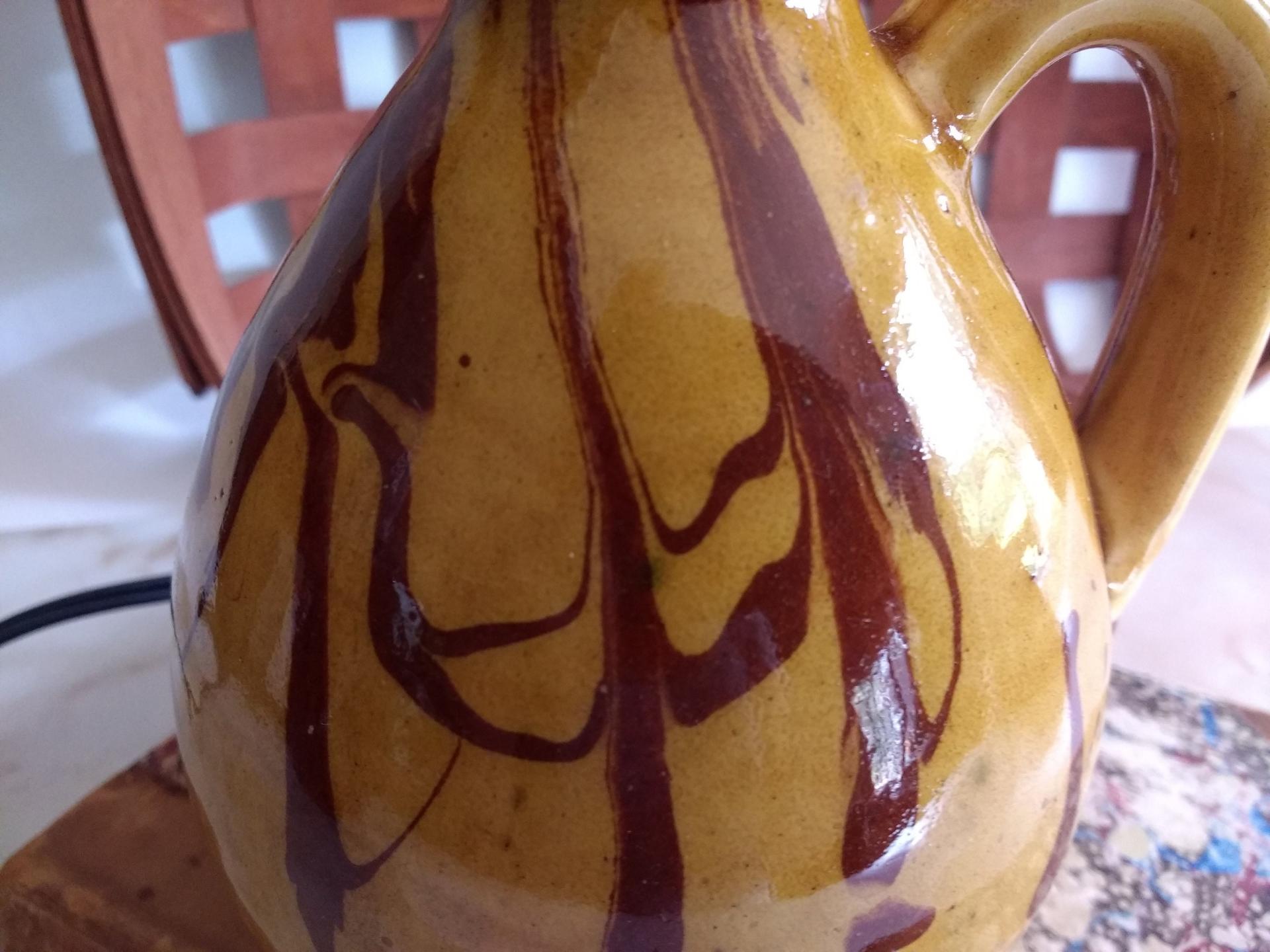 Redware Table Lamp with Marbled Decoration, No Shade