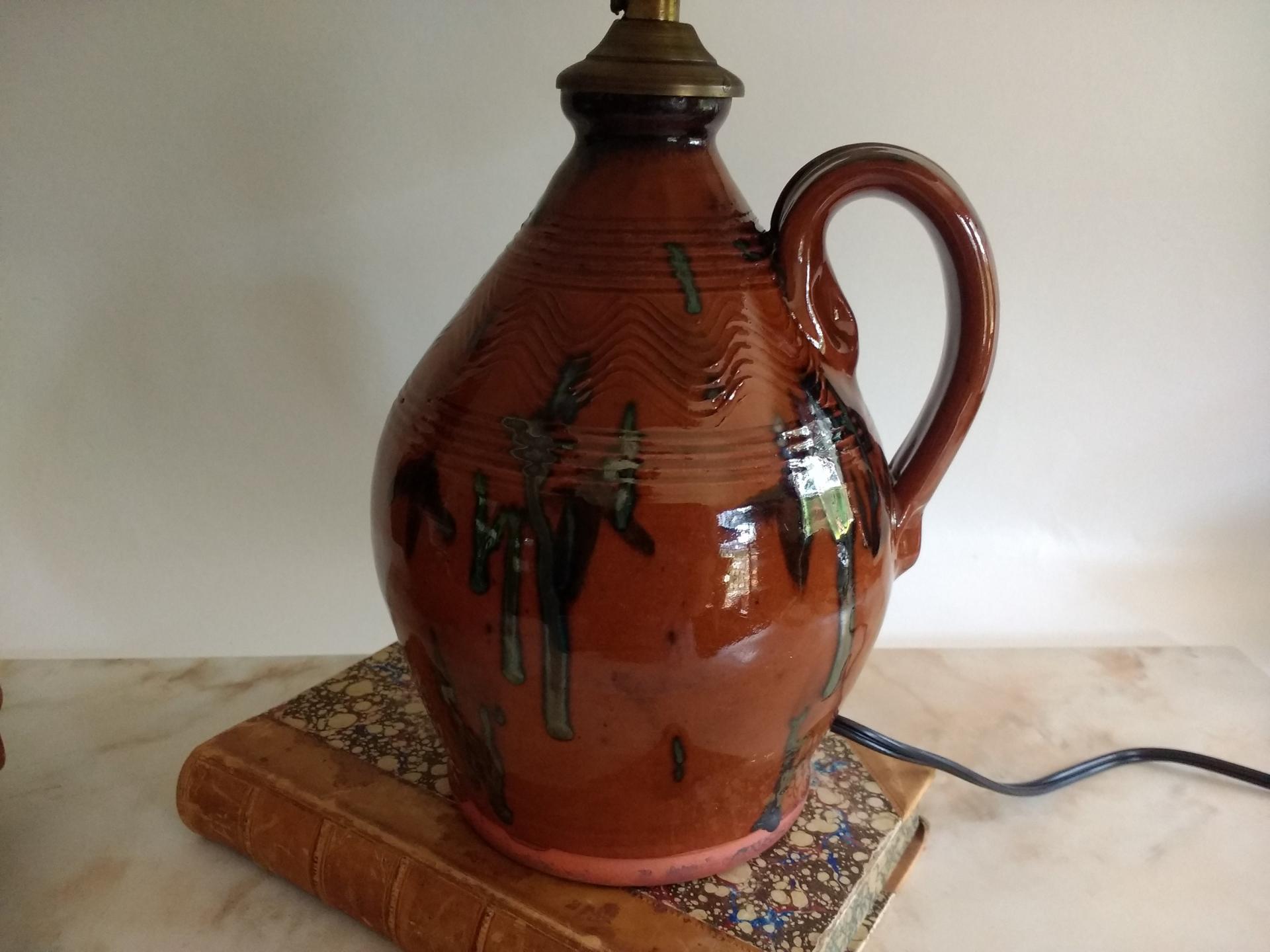 Redware Table Lamp with Black Drip Accents