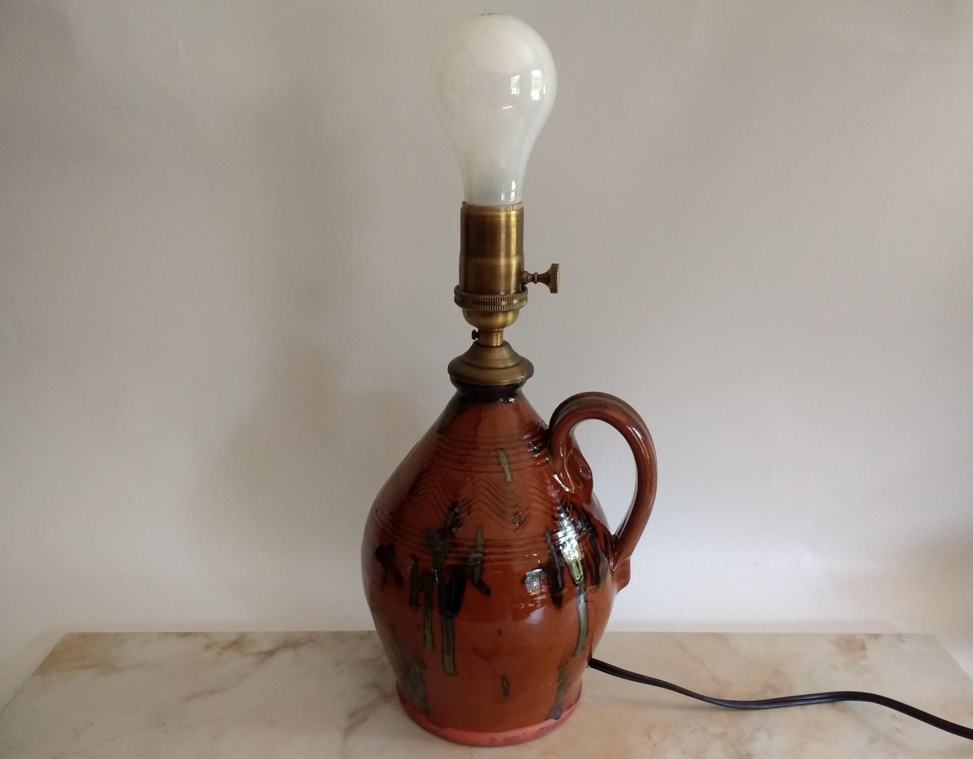 Redware Table Lamp with Black Drip Accents