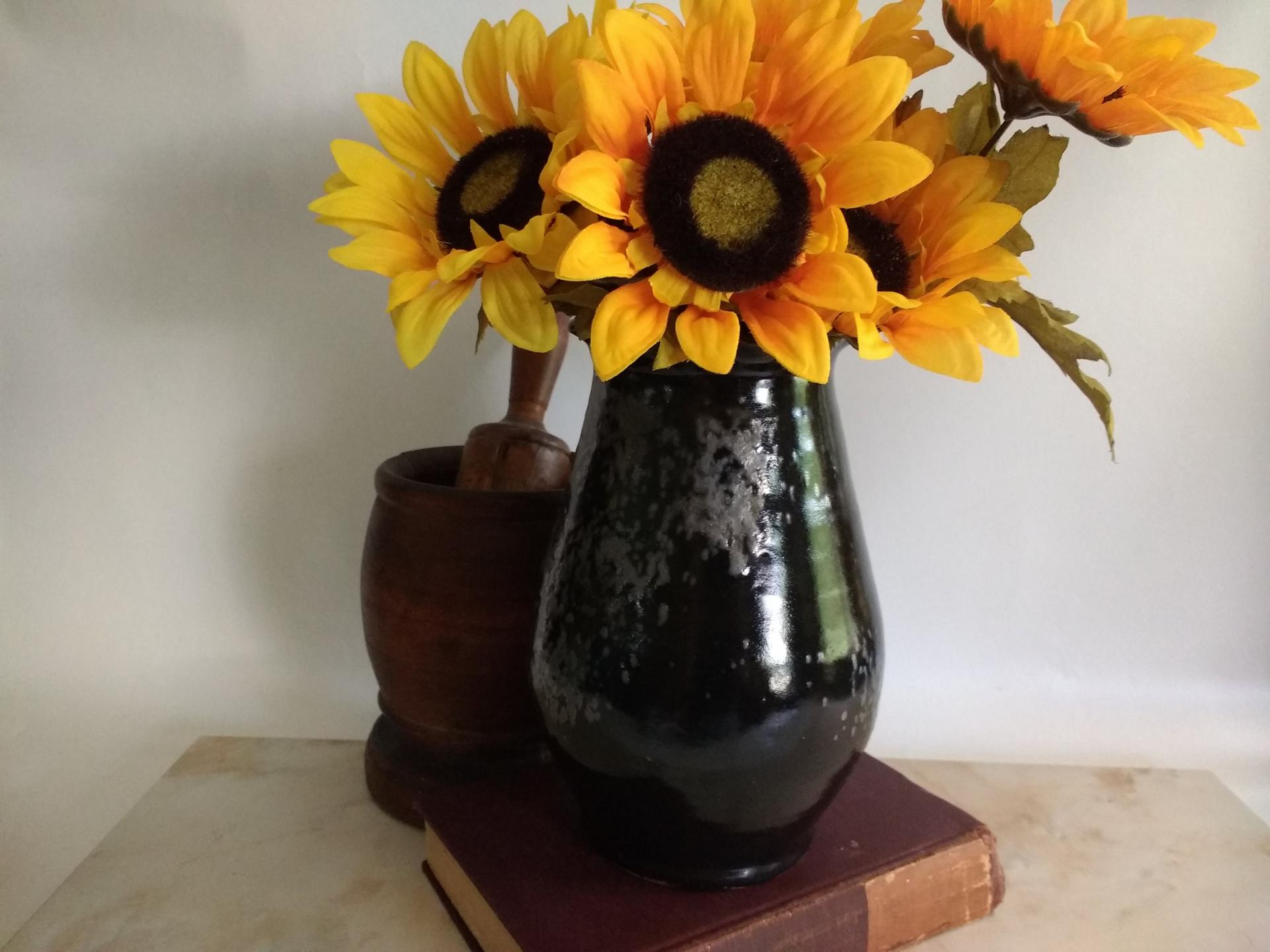 Redware Vase Thrown on the Wheel with Lead Free Black Glaze and Gray Drips