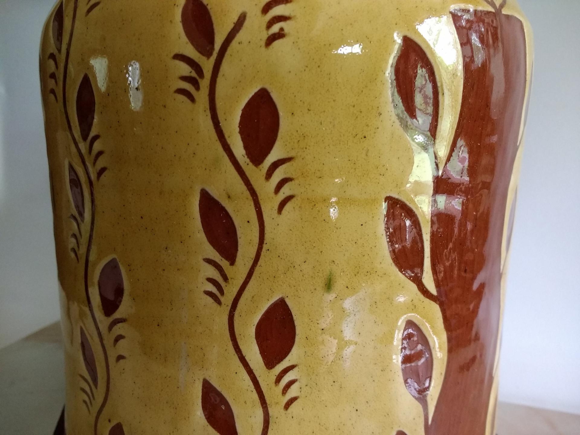 Redware 10.25 in Jar with Sgraffito Leaf Pattern and Lead Free Glaze