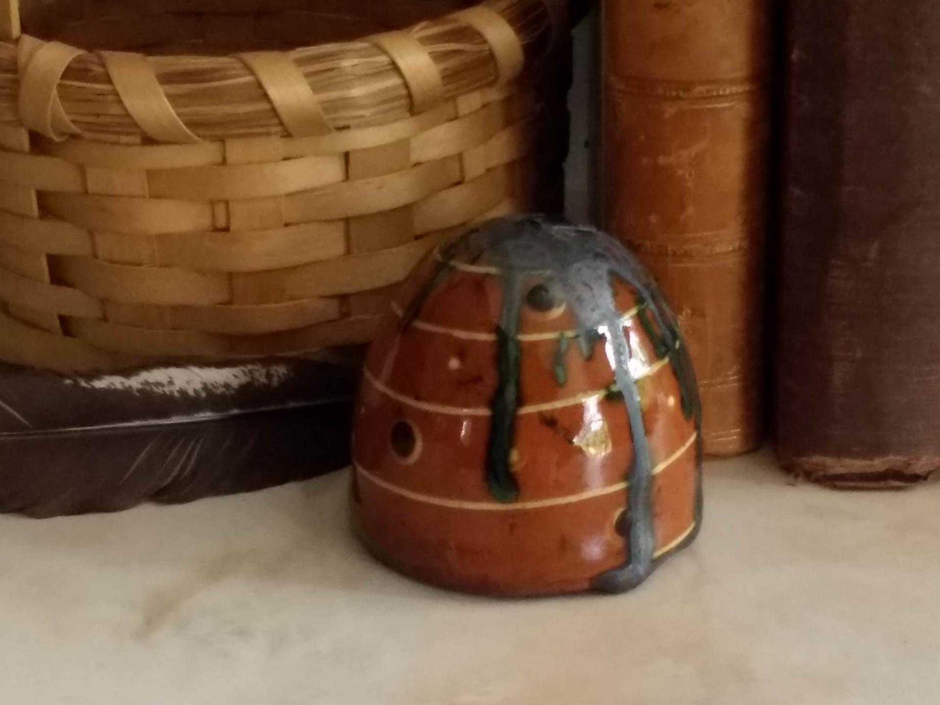 Redware Mini Bee Skep with Gray Accents (a)
