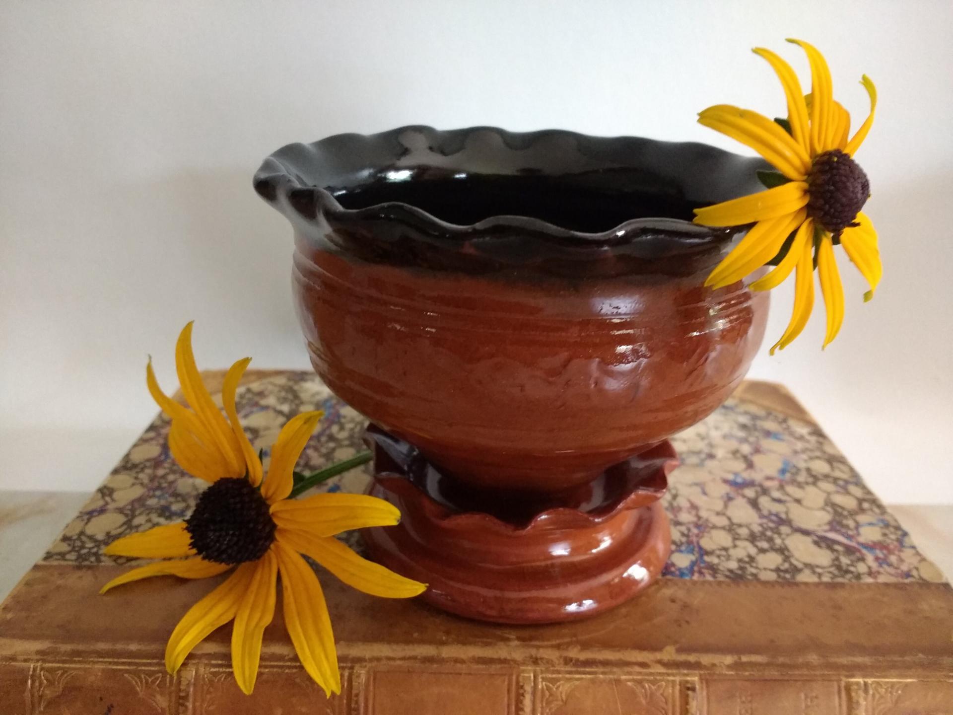 Redware Salt Cellar or Spice Bowl with Fluted Rim