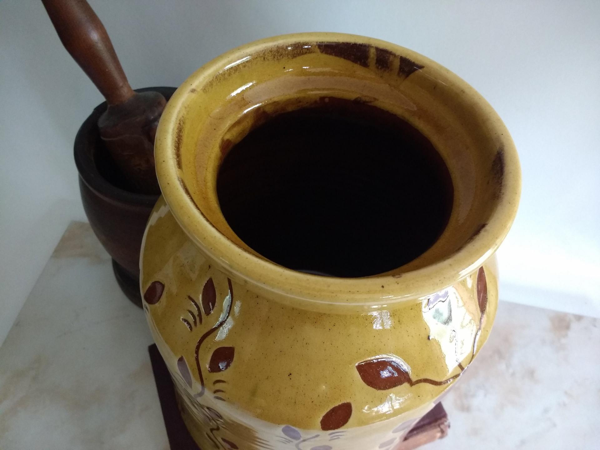 Redware 10.25 in Jar with Sgraffito Leaf Pattern and Lead Free Glaze