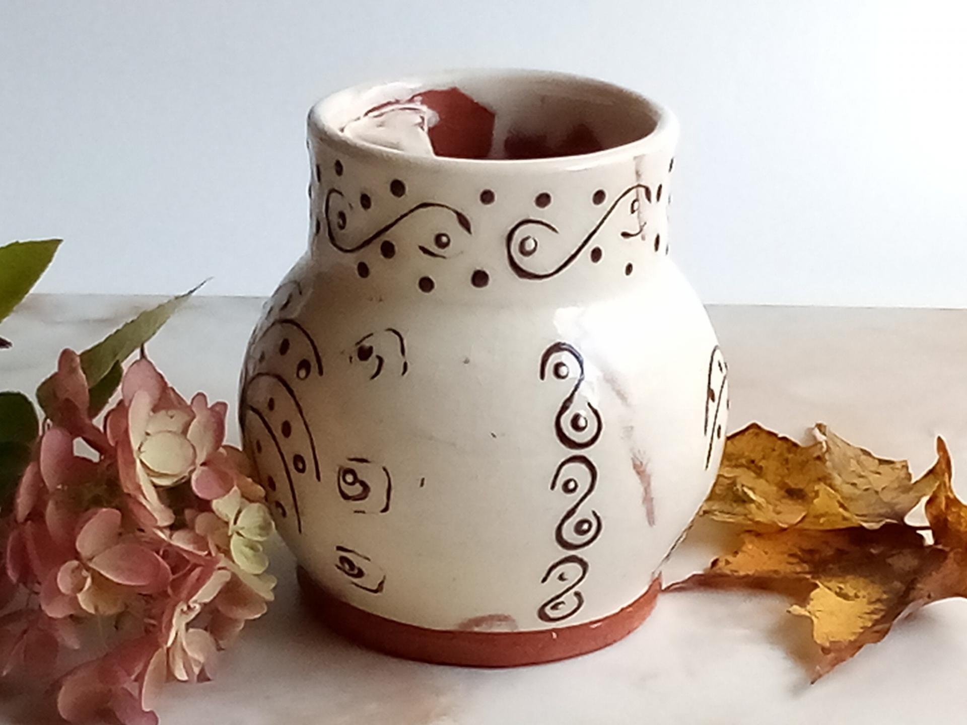Redware Mug for Ice or Tea Stamped with a Black Slip Pattern