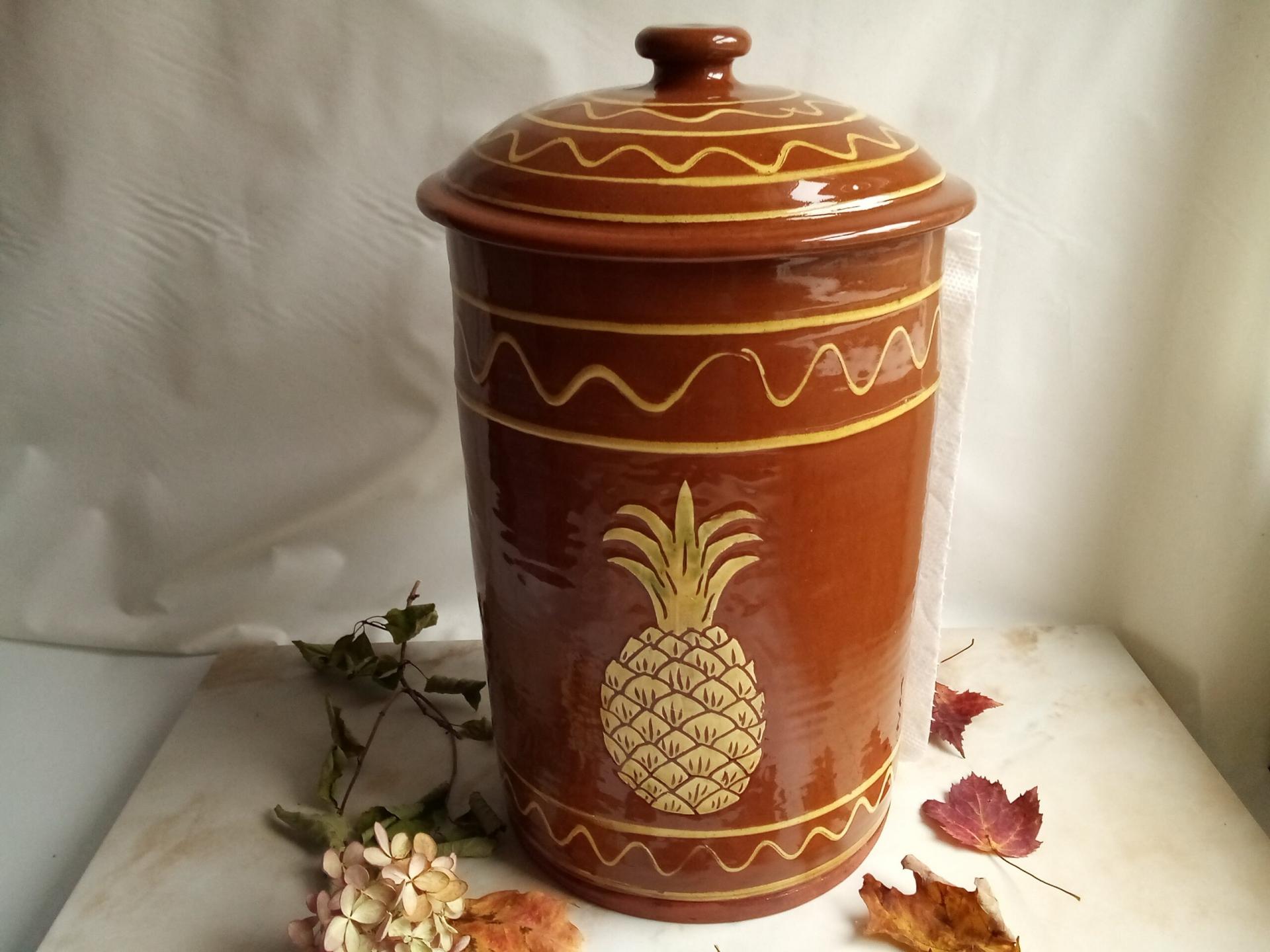 Redware Paper Towel Holder with Sgraffito Pineapple Motif