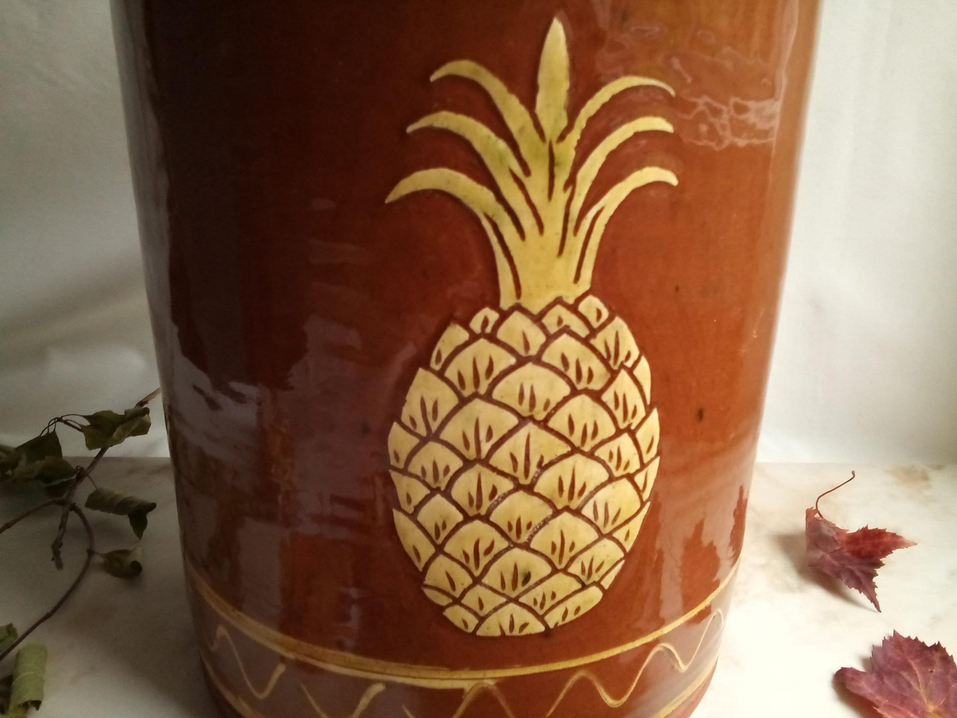 Redware Paper Towel Holder with Sgraffito Pineapple Motif