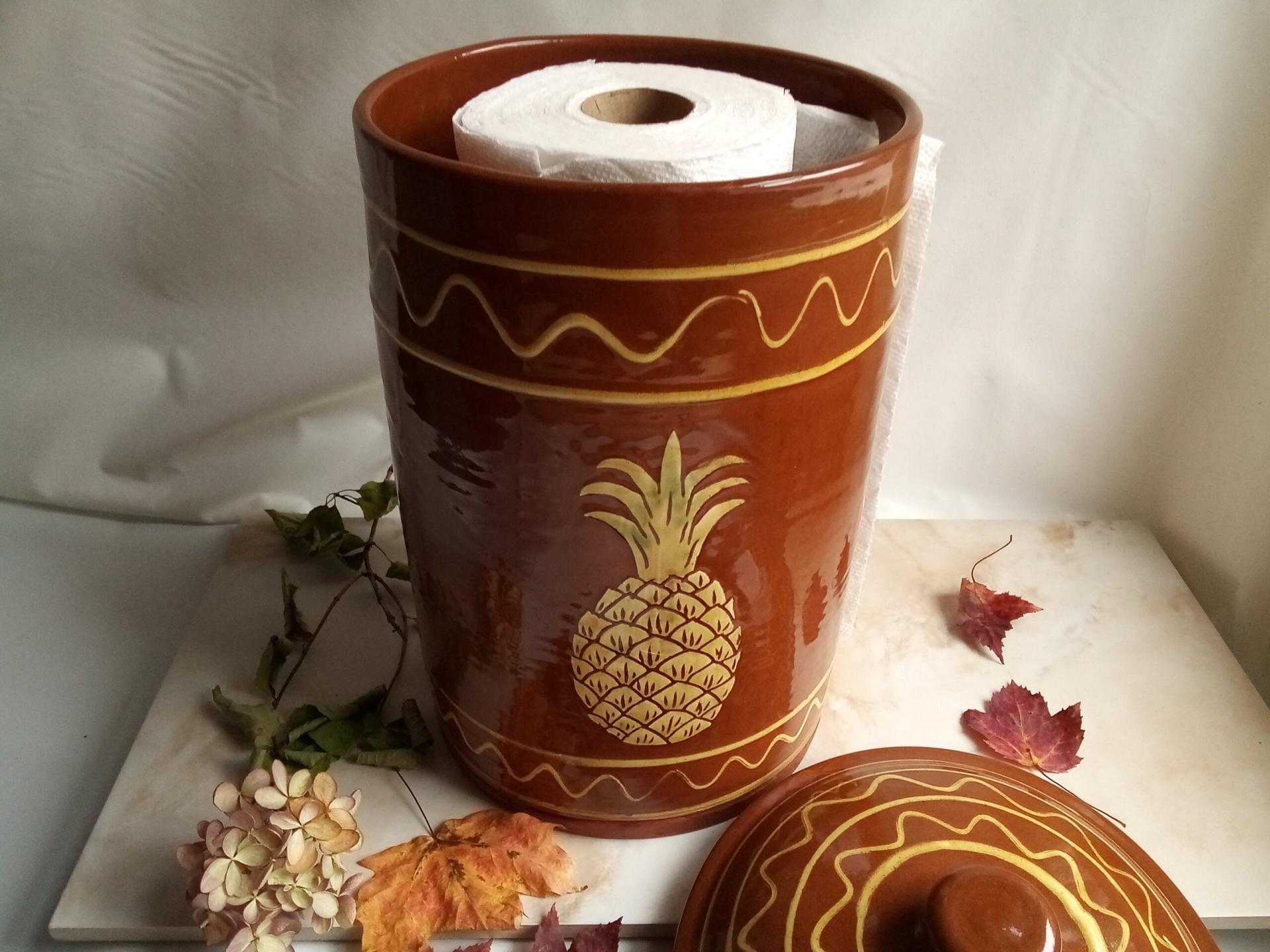 Redware Paper Towel Holder with Sgraffito Pineapple Motif