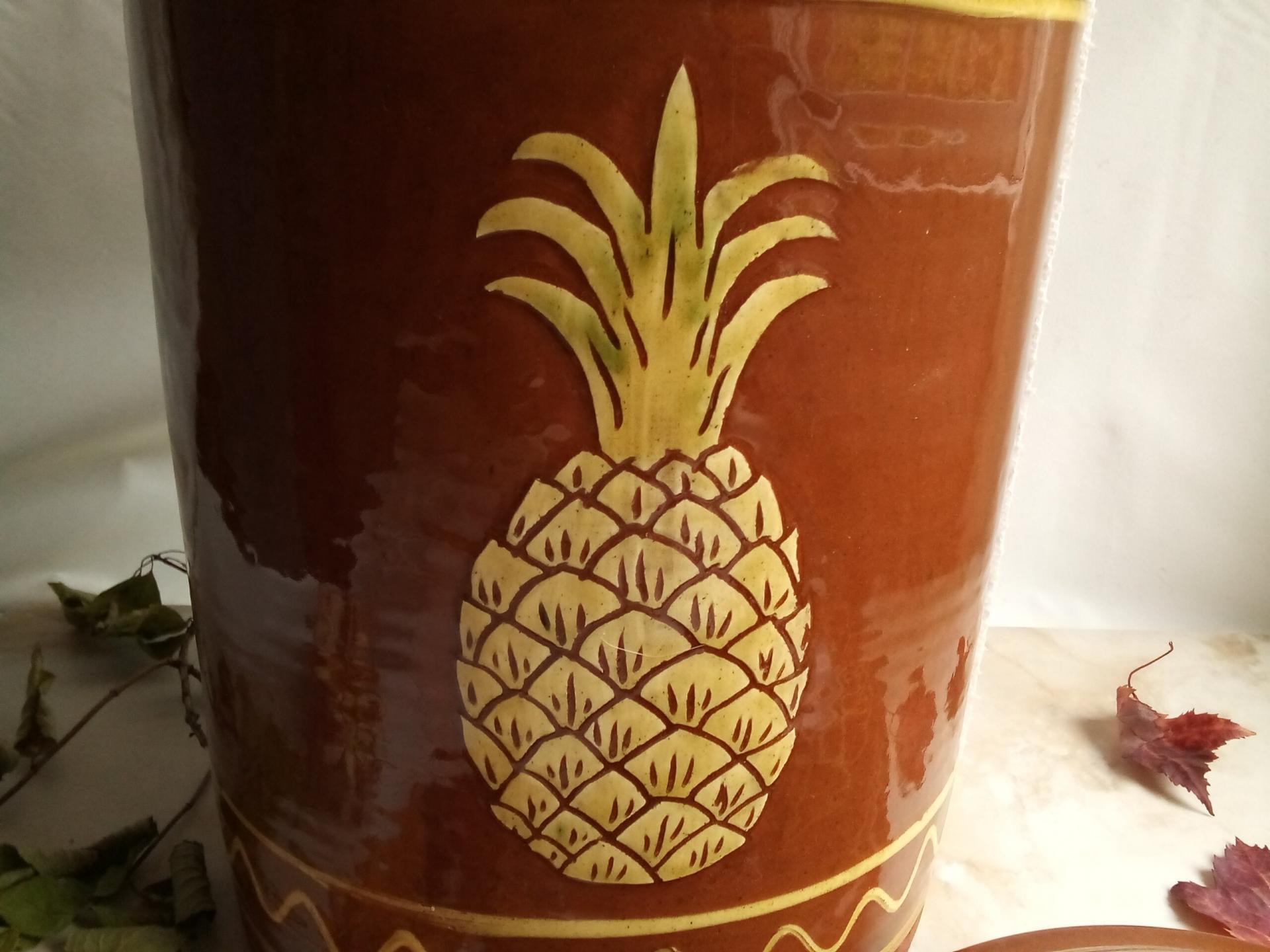 Redware Paper Towel Holder with Sgraffito Pineapple Motif