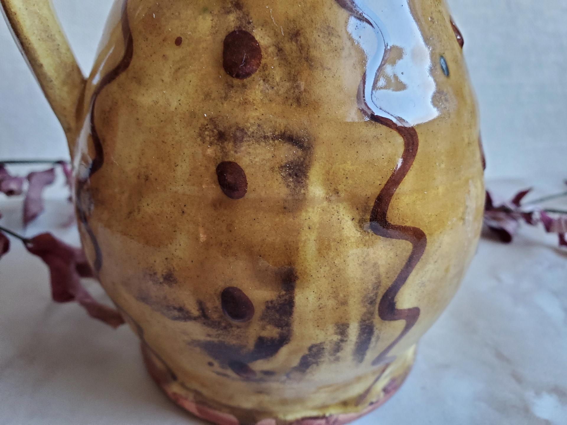Redware Jug with Red Slip Squiggles & Dots Decoration