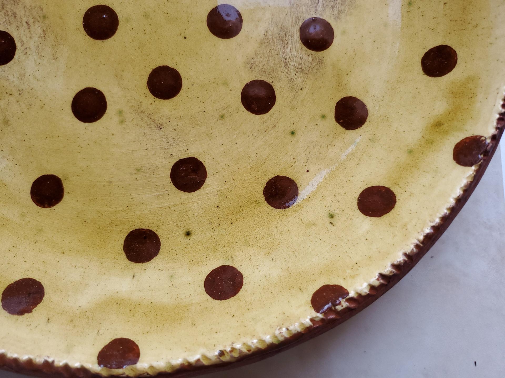 Redware 11 in Plate Slip Decorated with Brown Dots Decoration