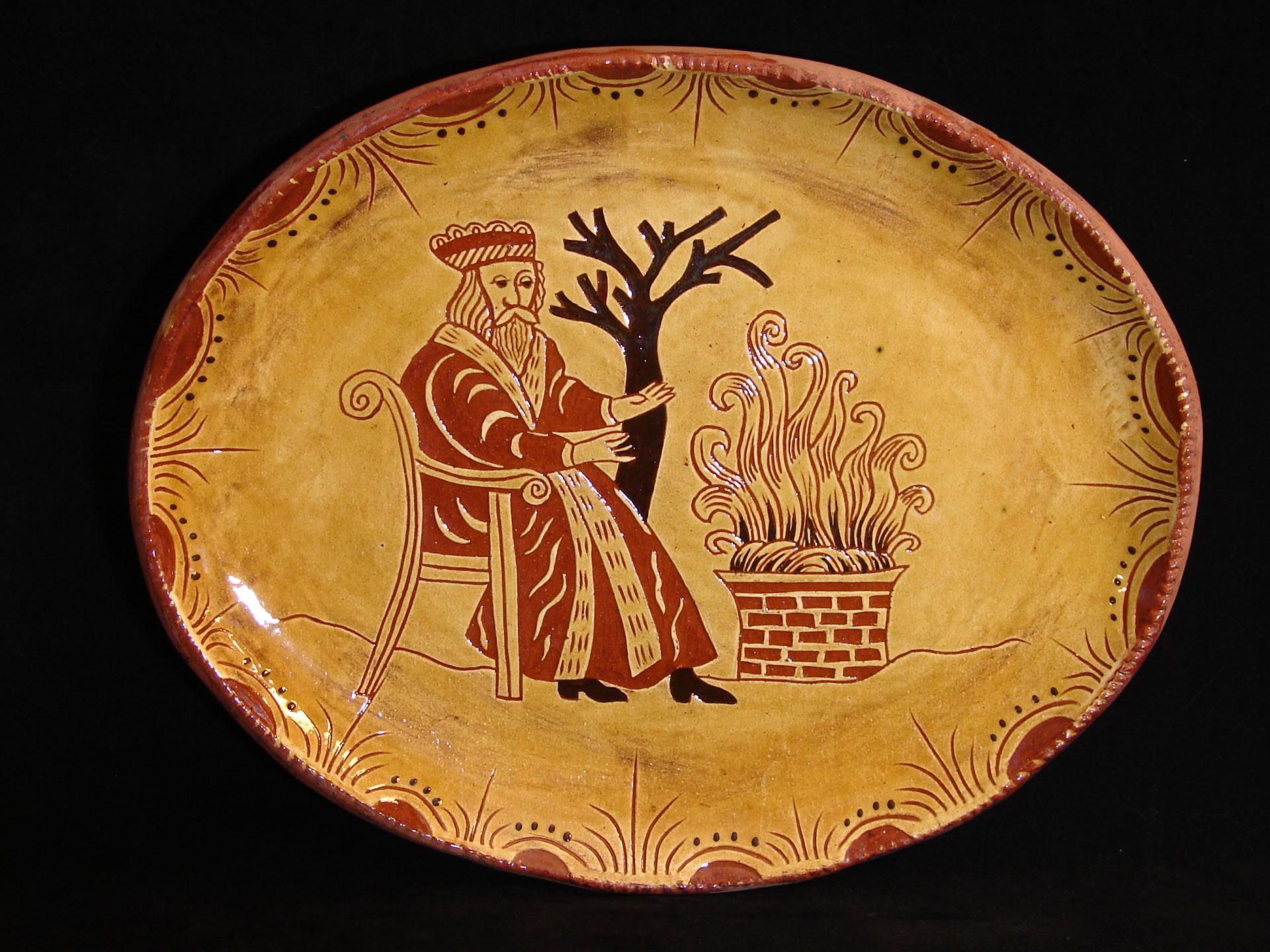 Custom Order Kulina Folk Art Redware Oval Platter with Old World Santa Sgraffito Motif