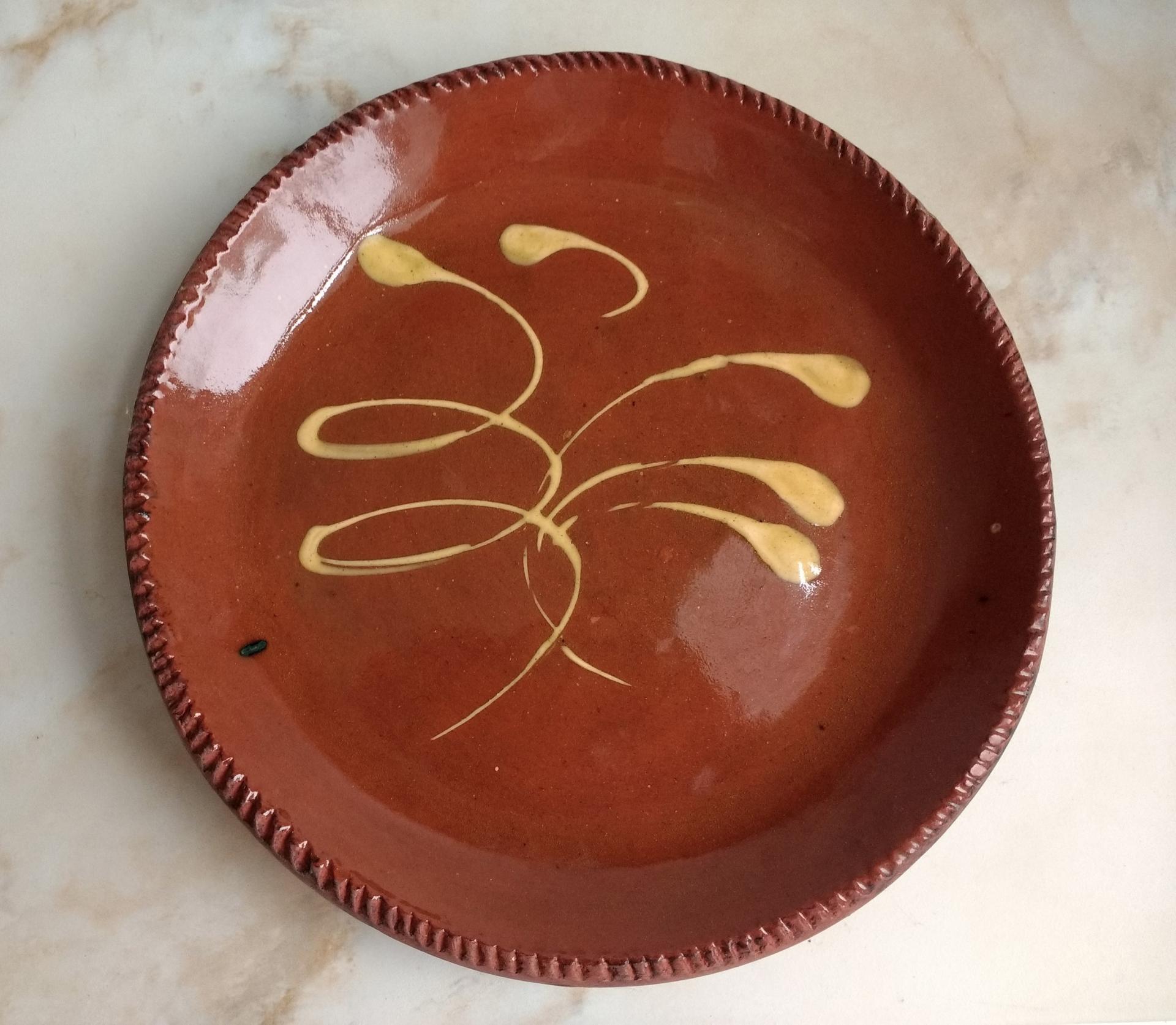 Custom Order Pied Potter Hamelin Redware 11" Plate, Feather Motif