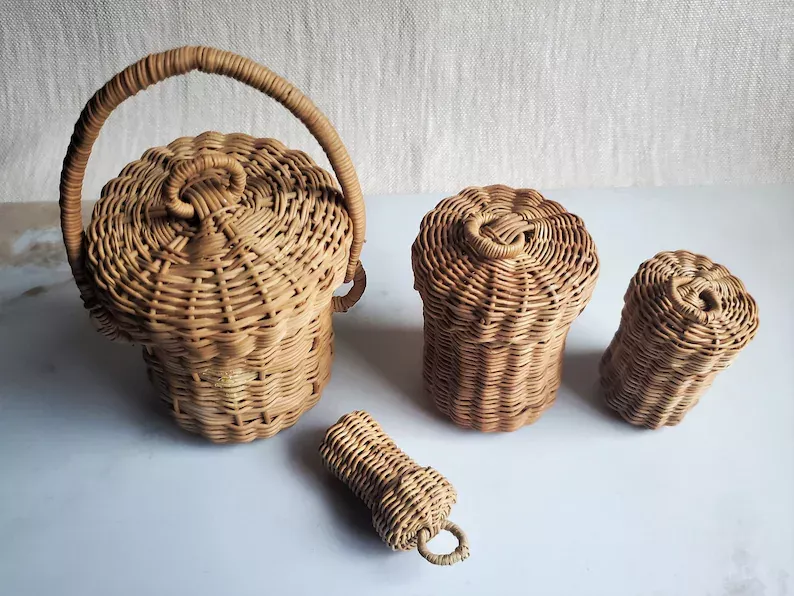 Vintage Set of 4 Hand-Woven Rattan Baskets with Lids and Handles - Miniature Nesting Collection