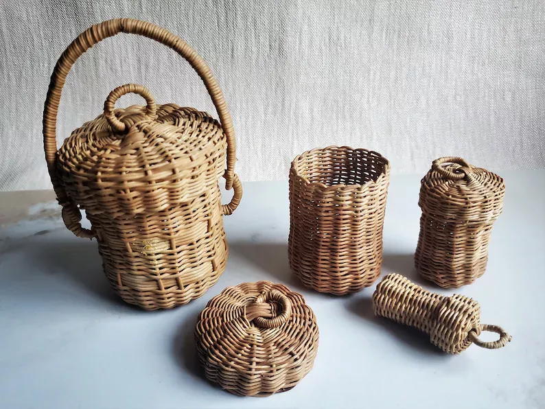 Vintage Set of 4 Hand-Woven Rattan Baskets with Lids and Handles - Miniature Nesting Collection