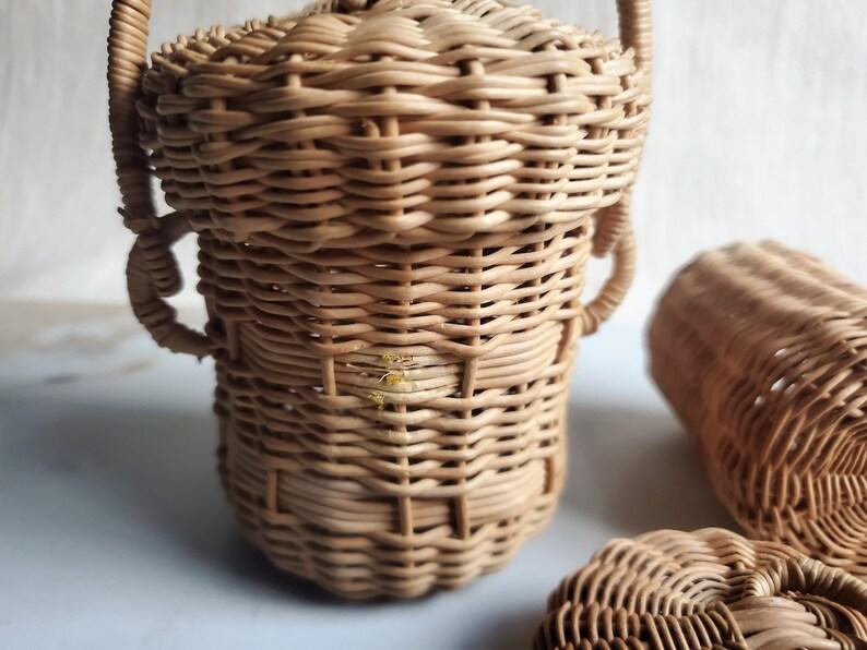 Vintage Set of 4 Hand-Woven Rattan Baskets with Lids and Handles - Miniature Nesting Collection