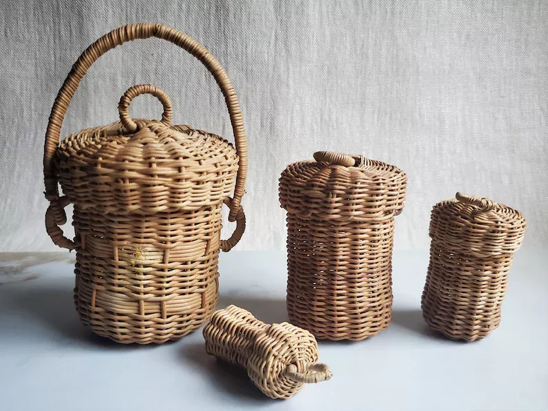 Vintage Set of 4 Hand-Woven Rattan Baskets with Lids and Handles - Miniature Nesting Collection