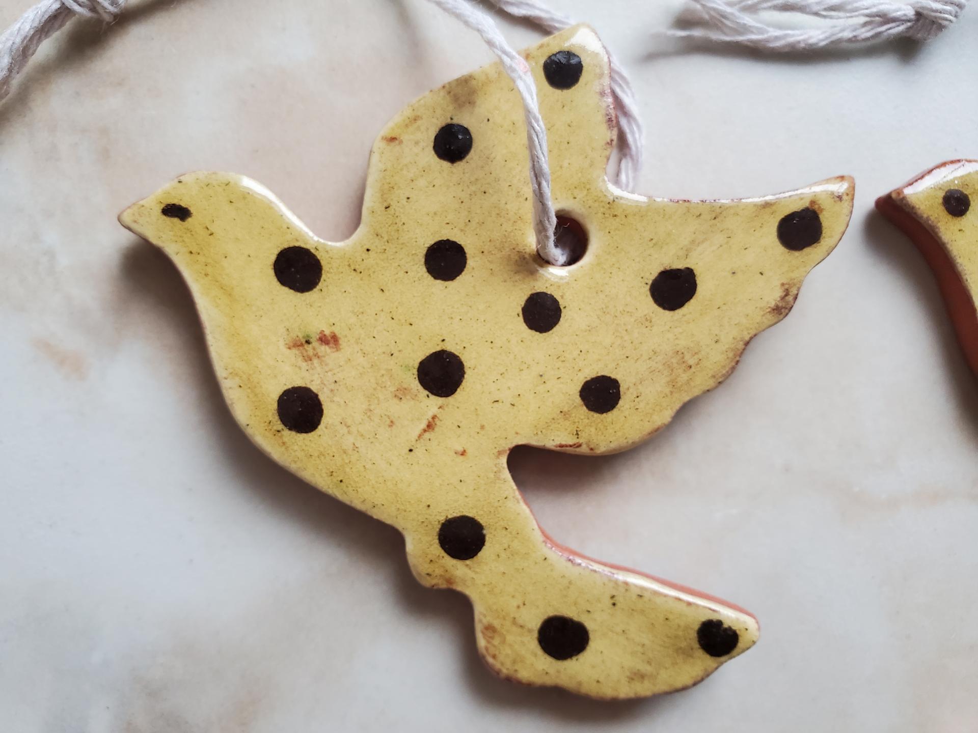 Set of 2 Dove-Shaped Redware Ornaments with Black Polka Dots, by Kulina Folk Art