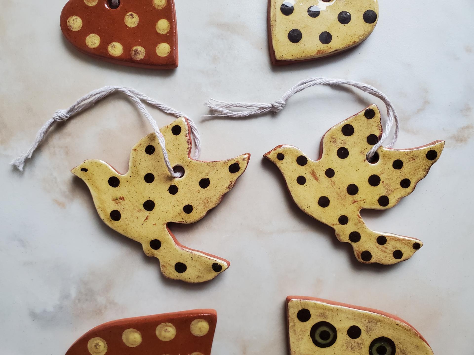 Redware Dove Ornaments with Black Polka Dots 